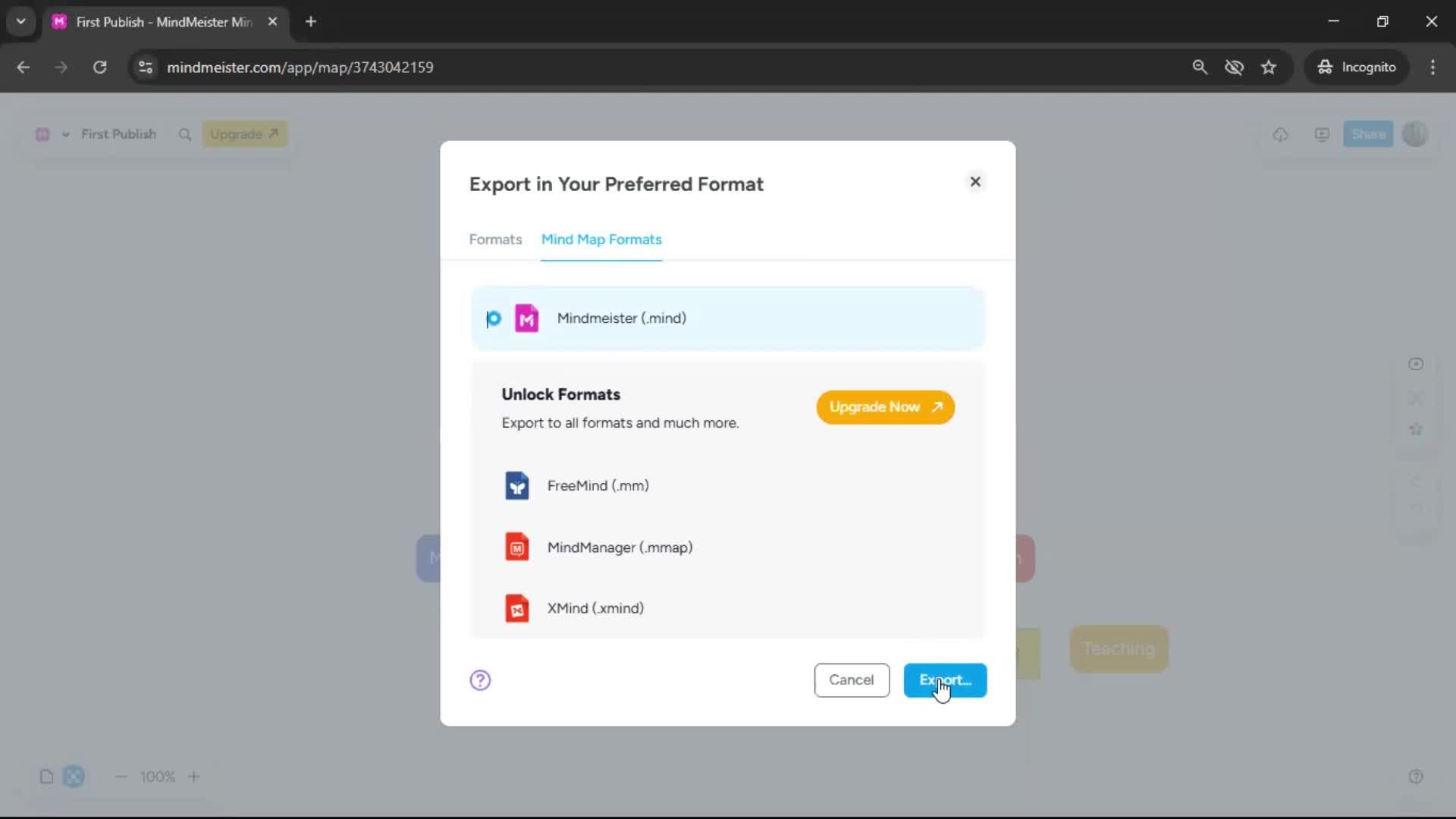 Exporting data screenshot