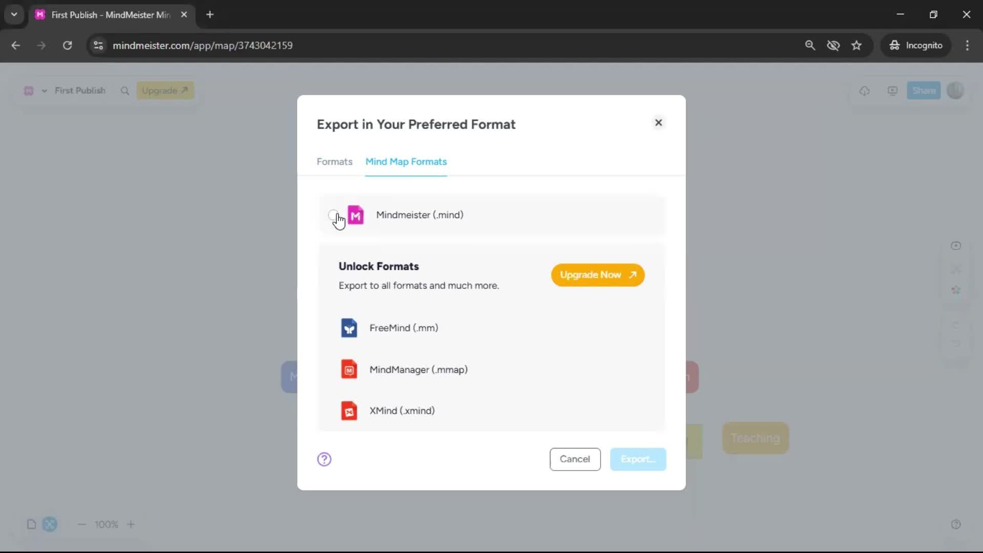 Exporting data screenshot