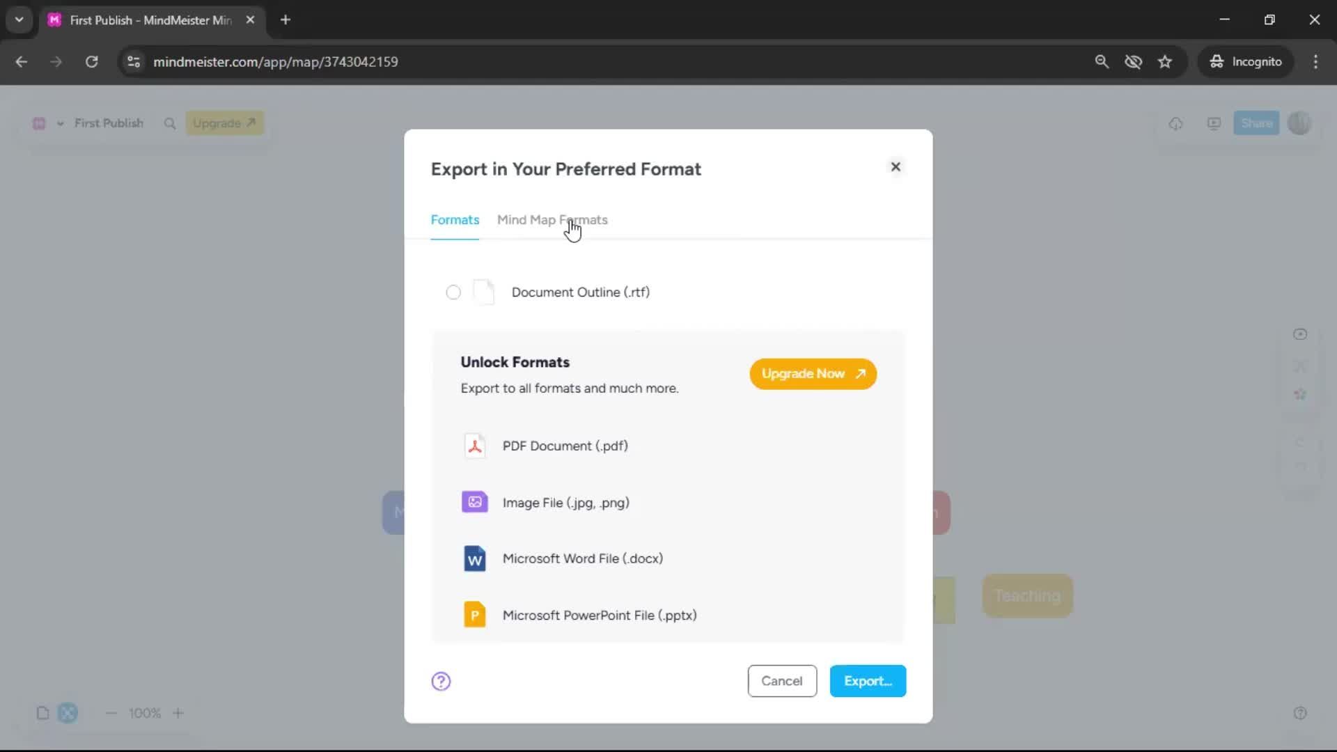 Exporting data screenshot