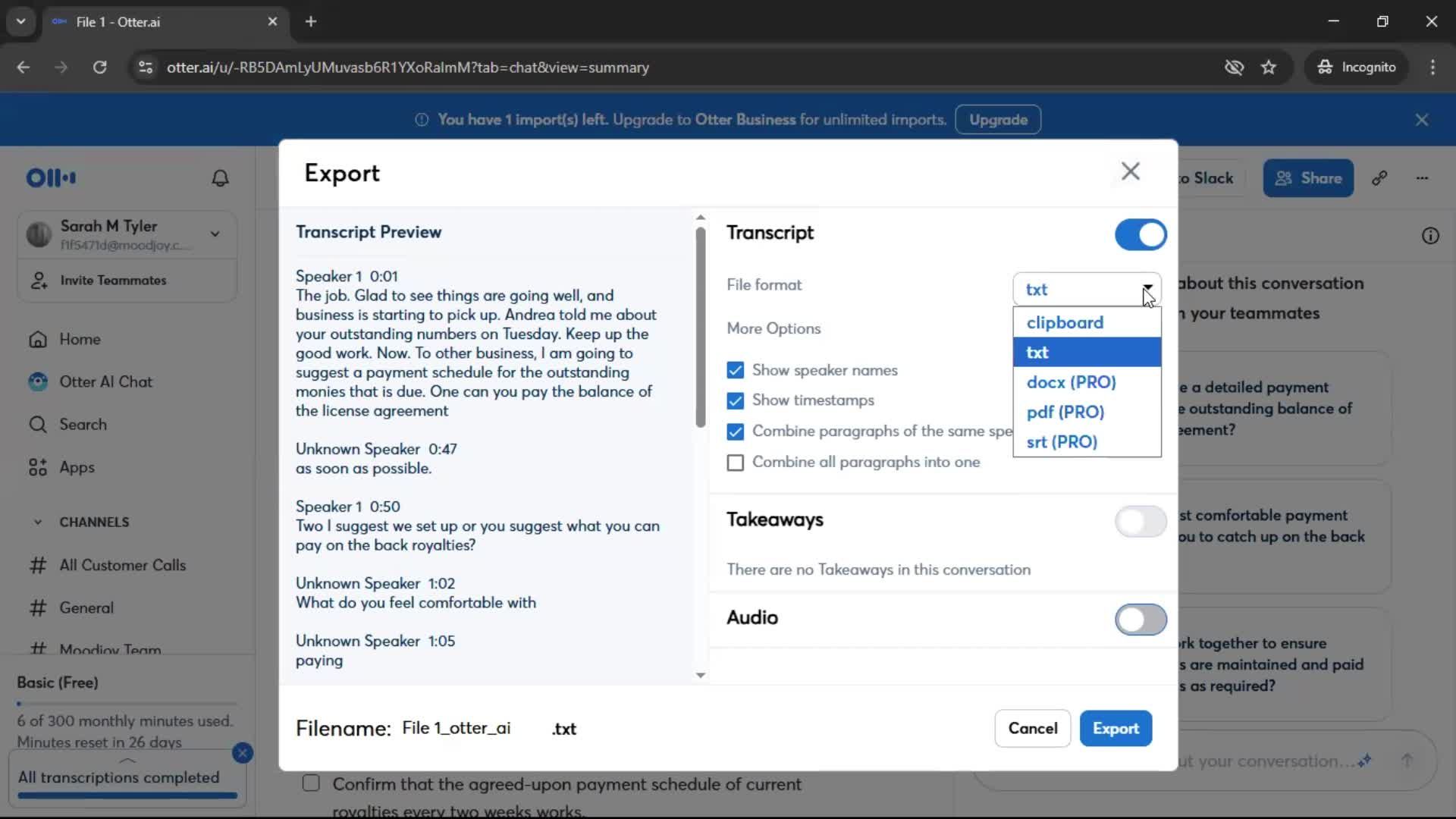 Exporting data screenshot