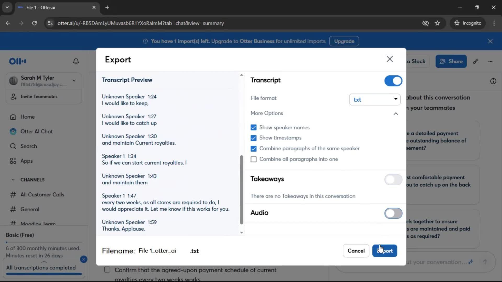 Exporting data screenshot
