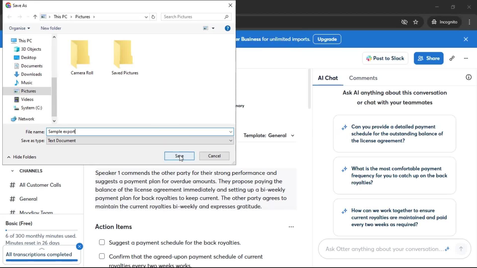 Exporting data screenshot