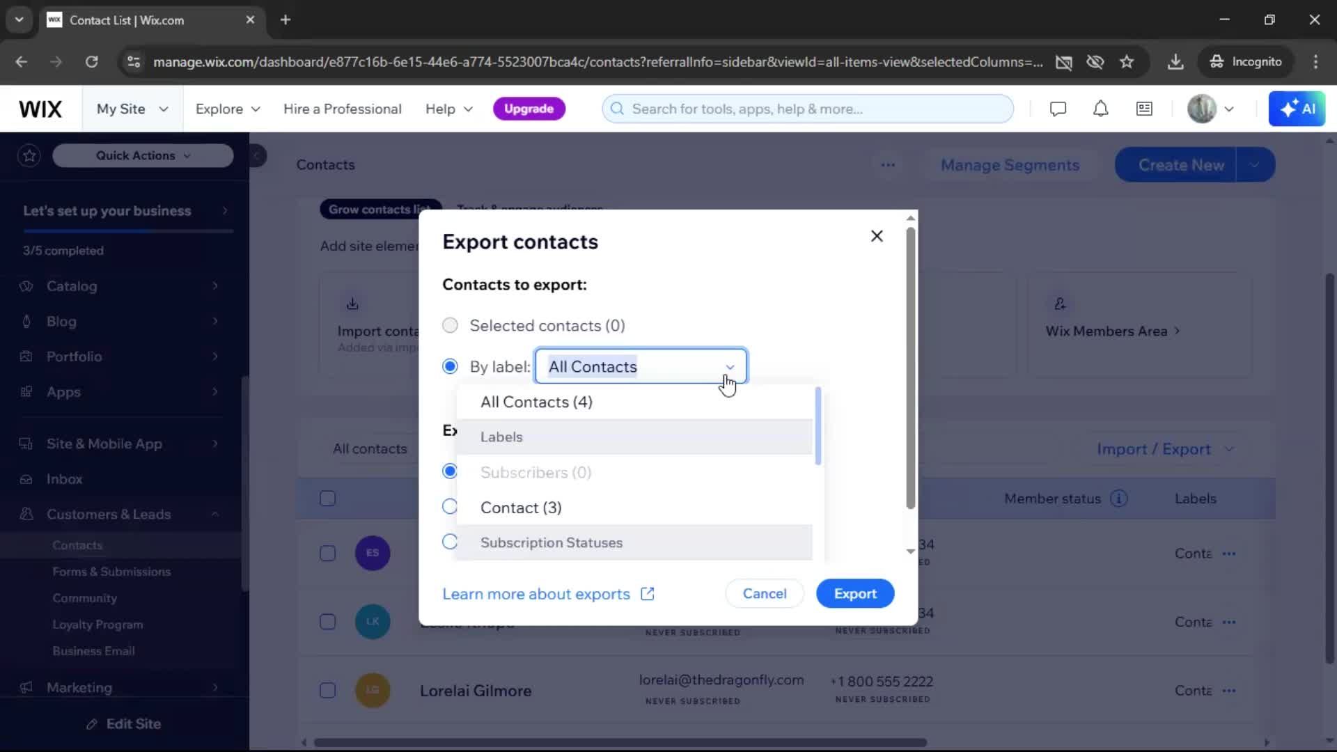 Exporting data screenshot