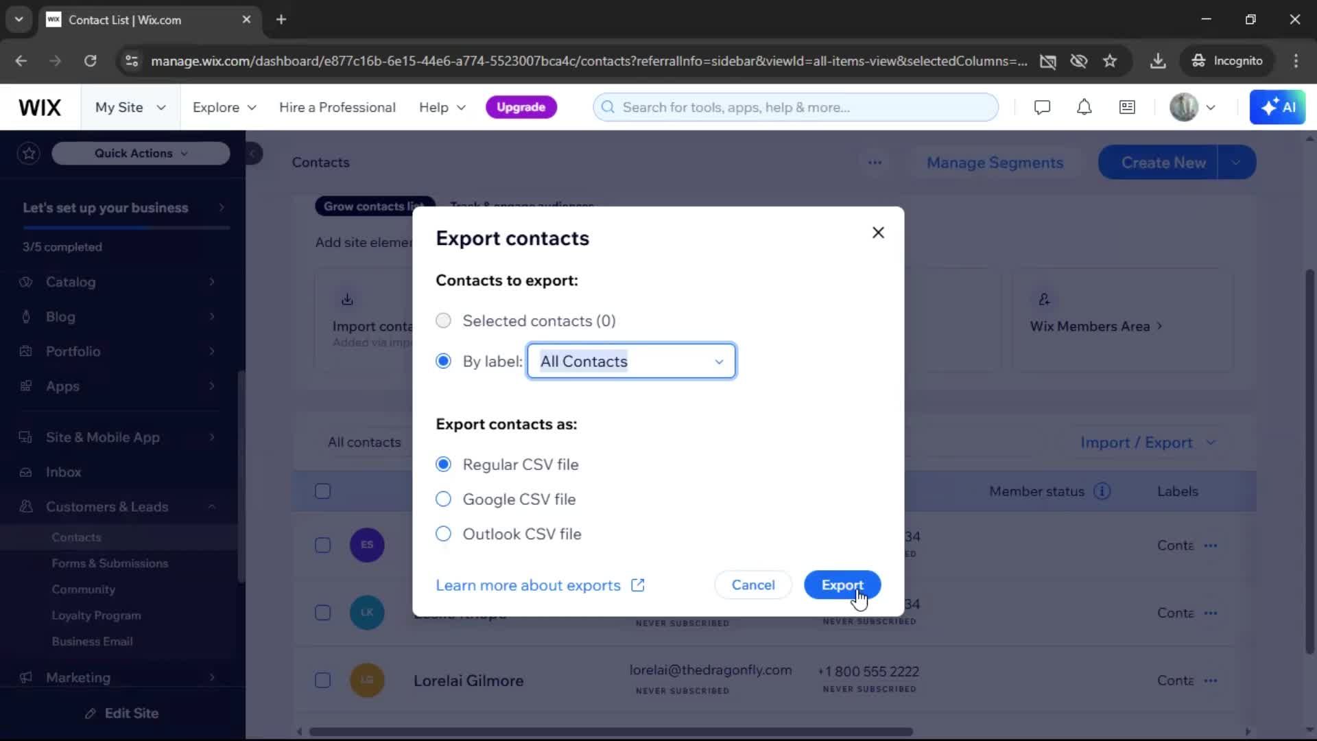 Exporting data screenshot