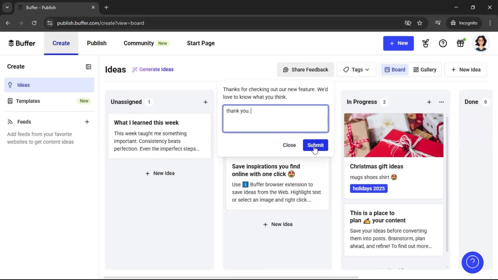 Giving feedback on Buffer video thumbnail