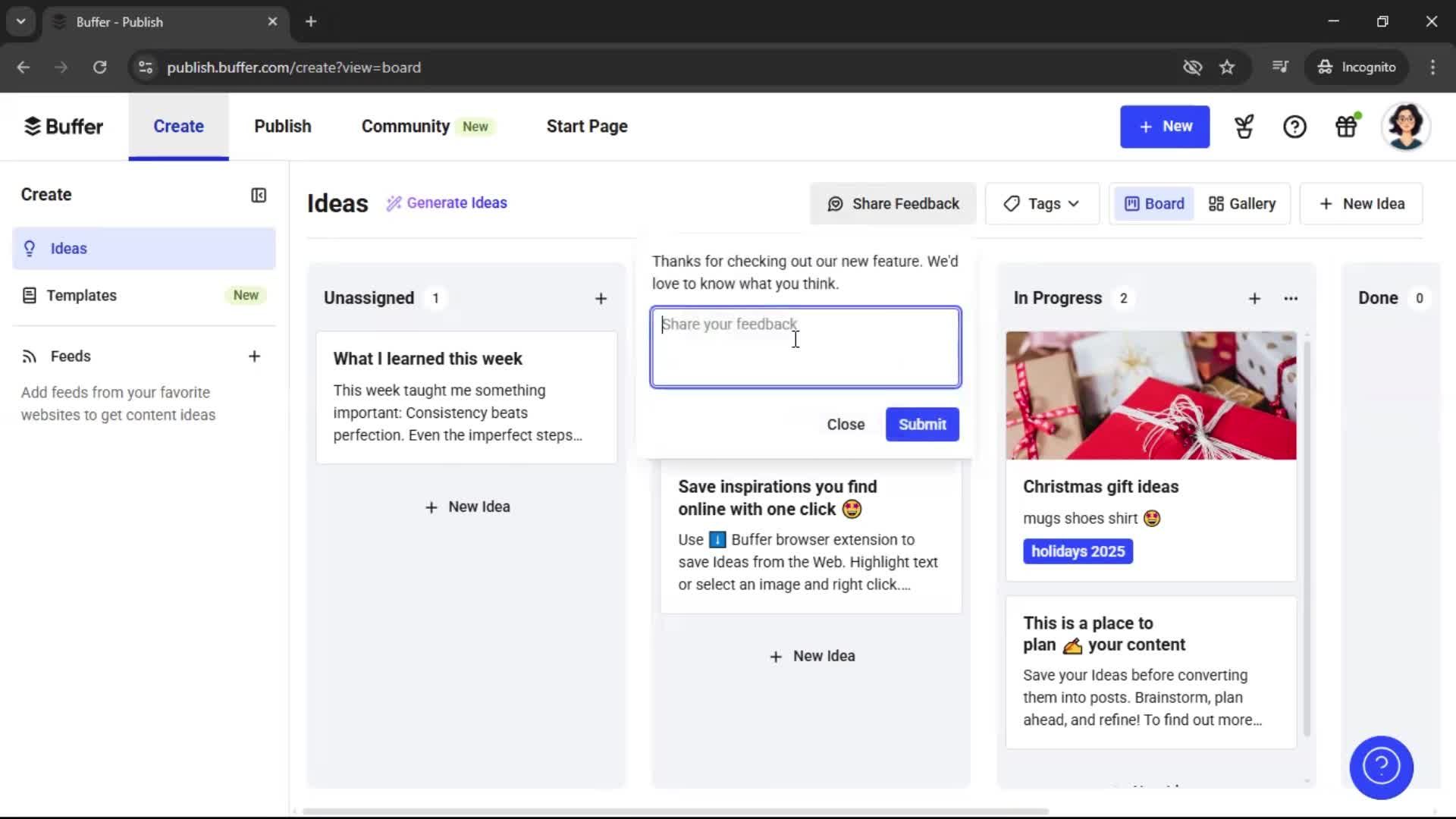 Giving feedback on Buffer video thumbnail