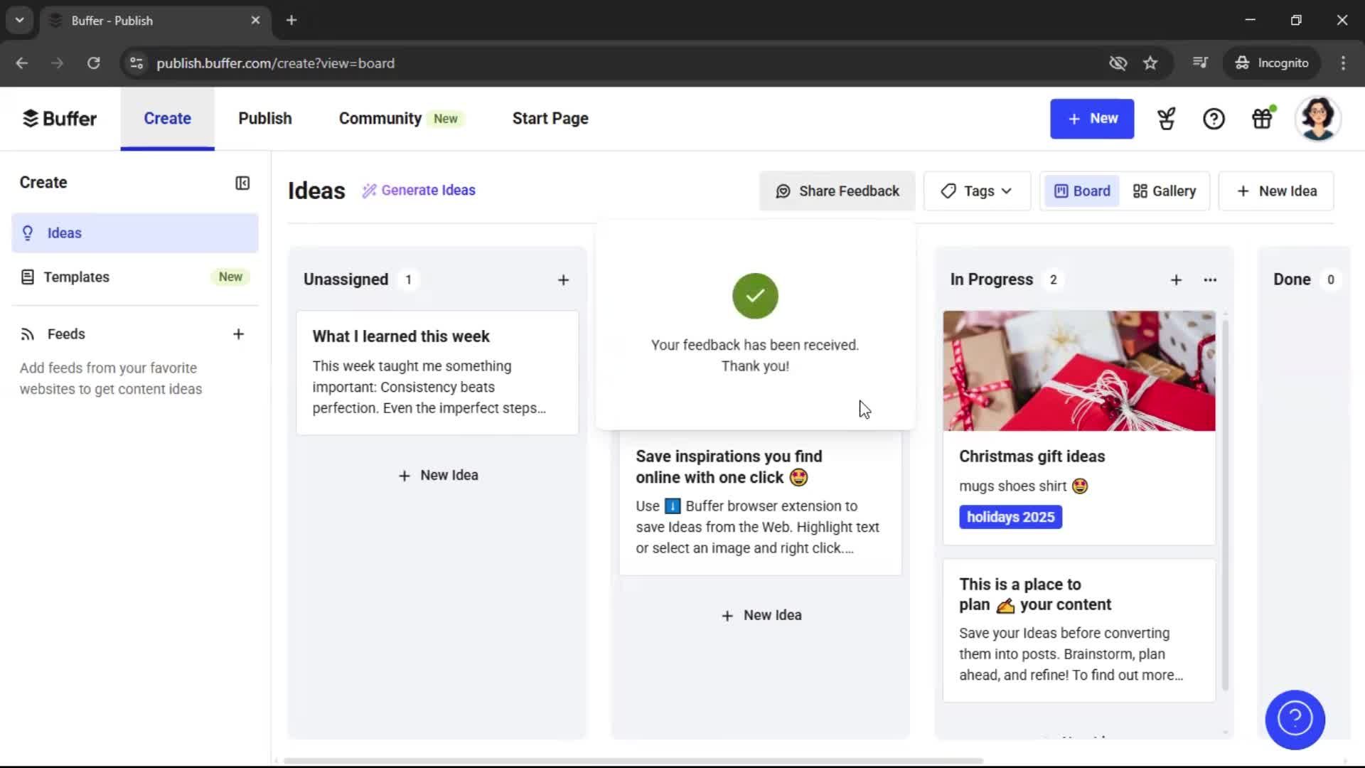 Giving feedback on Buffer video thumbnail