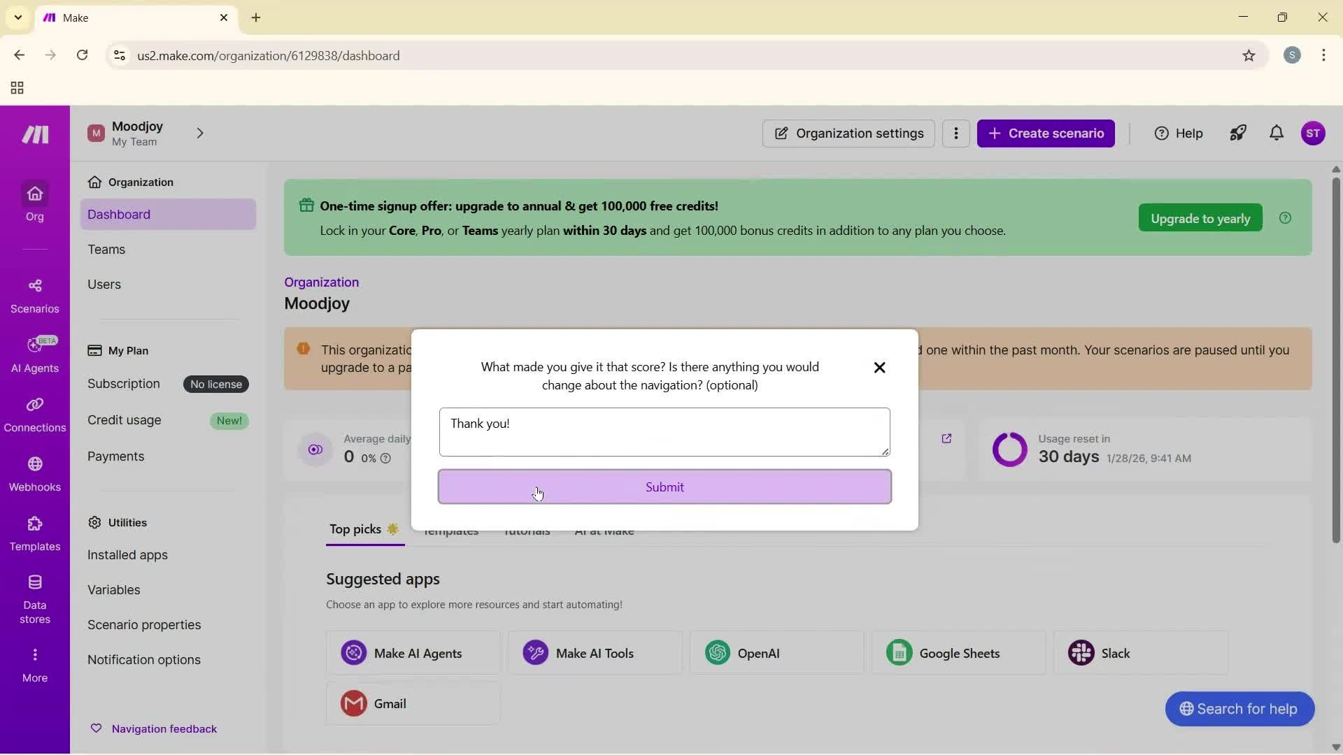 Giving feedback screenshot