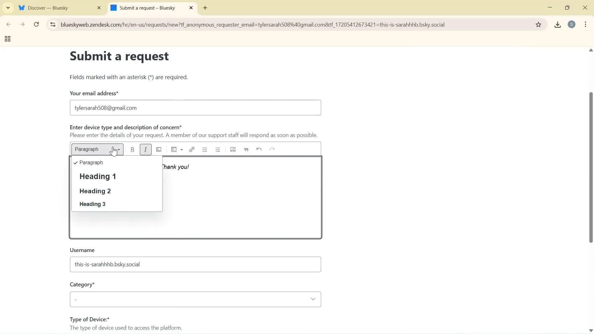 Giving feedback screenshot