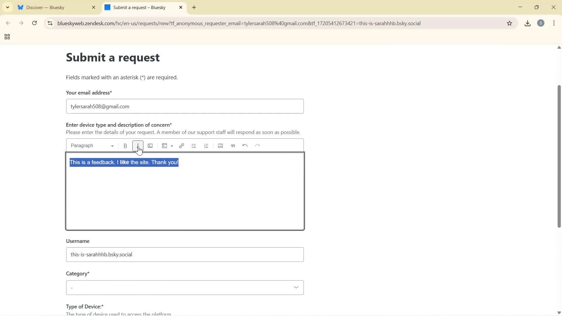Giving feedback screenshot