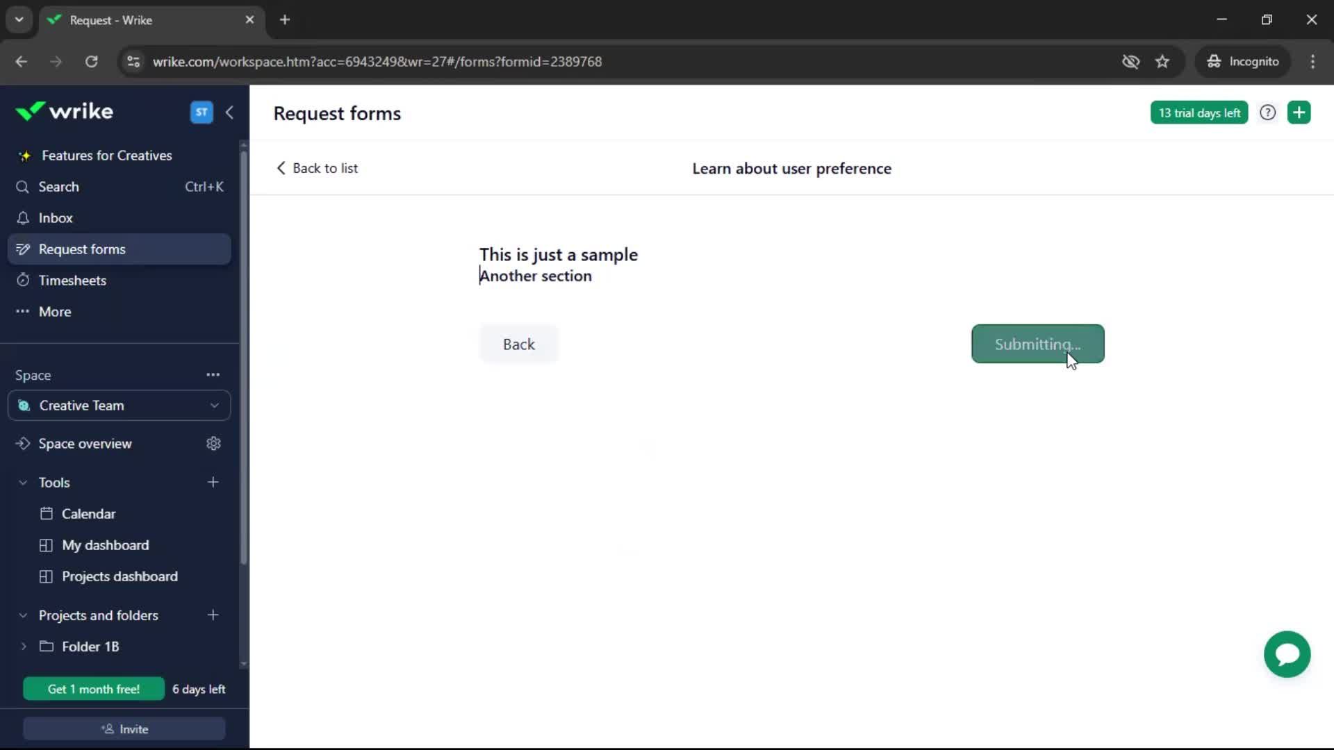 Filling in a form screenshot