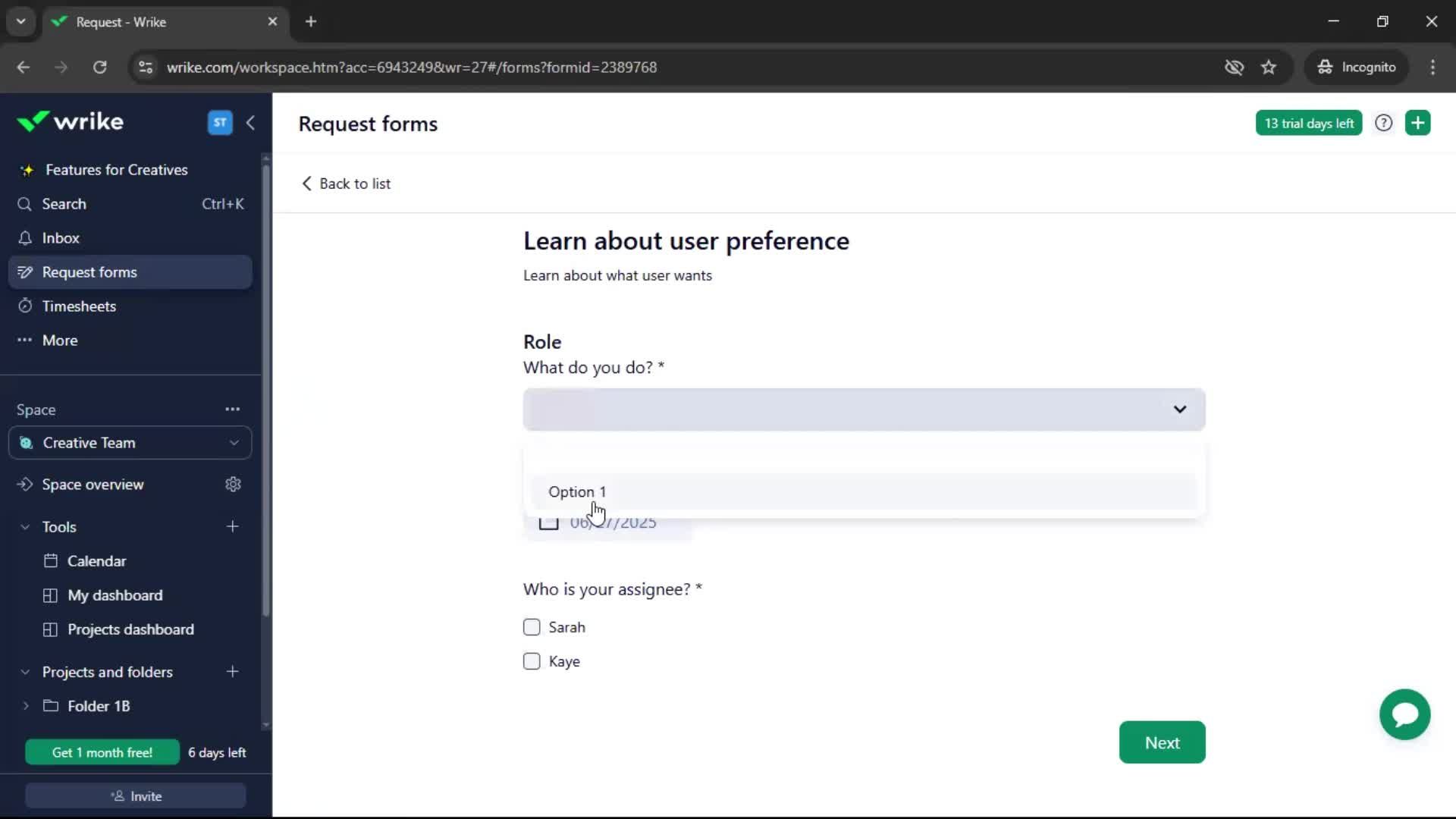 Filling in a form screenshot