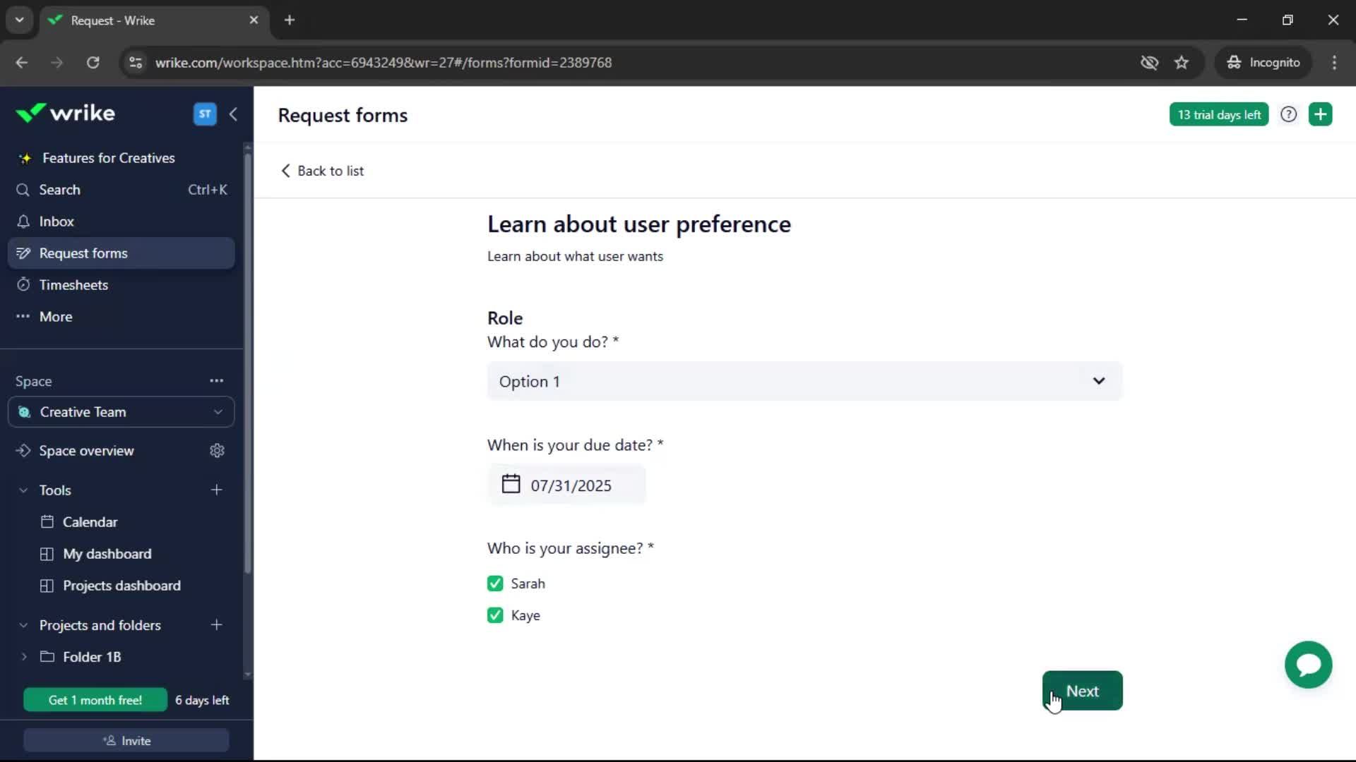 Filling in a form screenshot