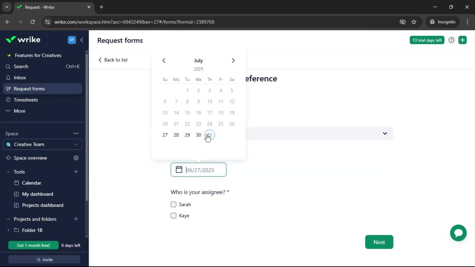 Filling in a form screenshot