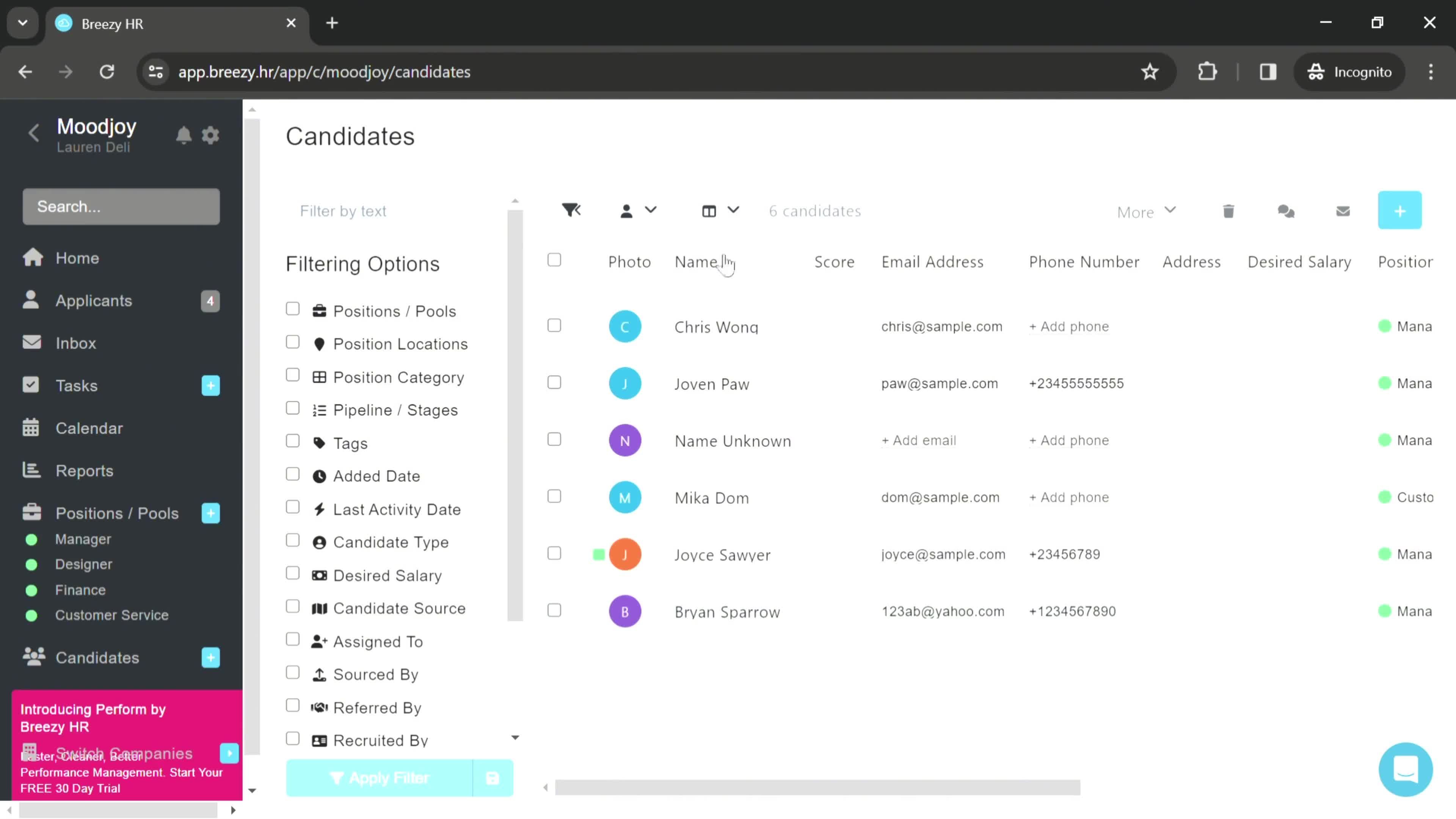 Filtering and sorting screenshot