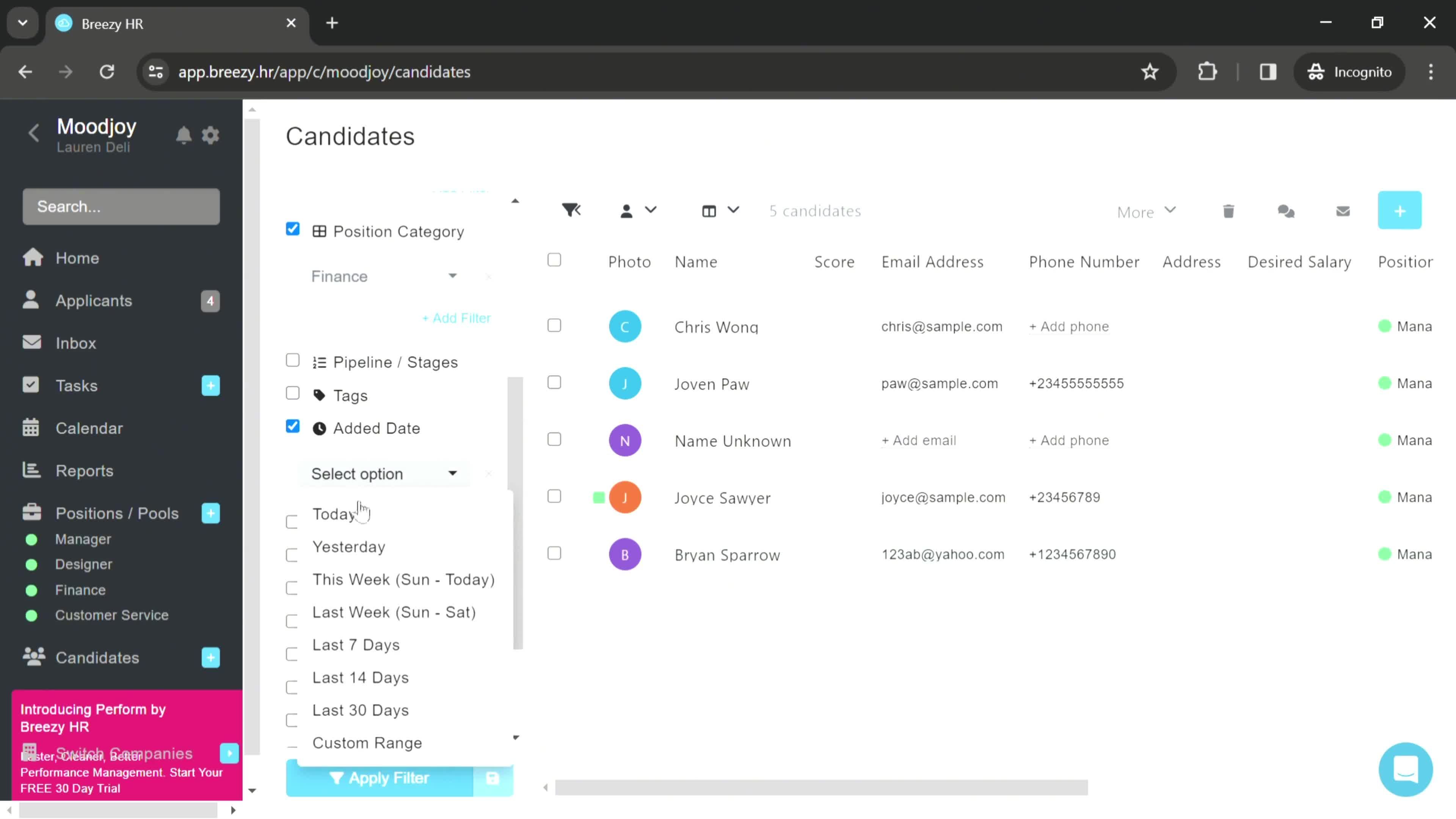 Filtering and sorting screenshot