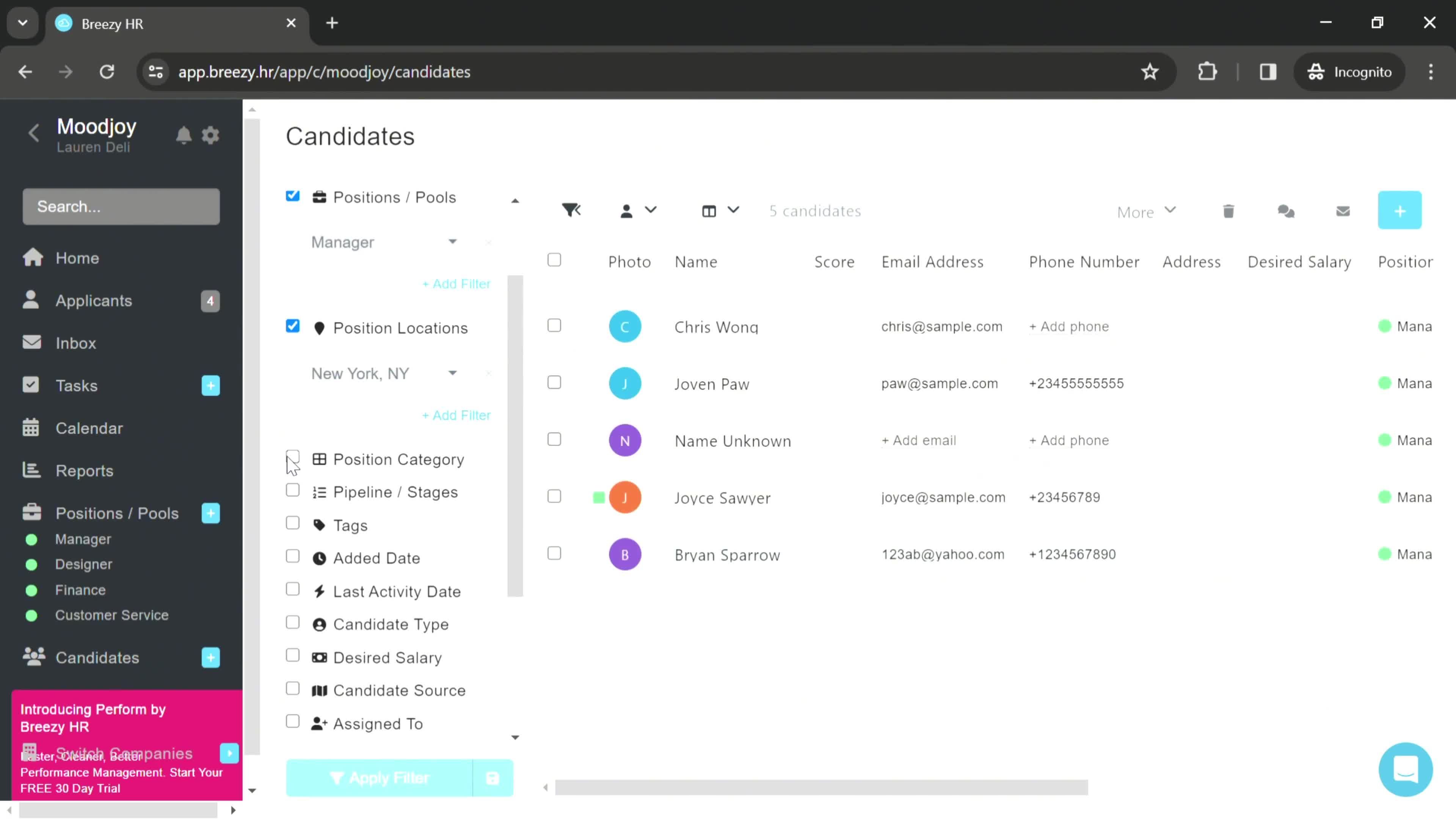 Filtering and sorting screenshot