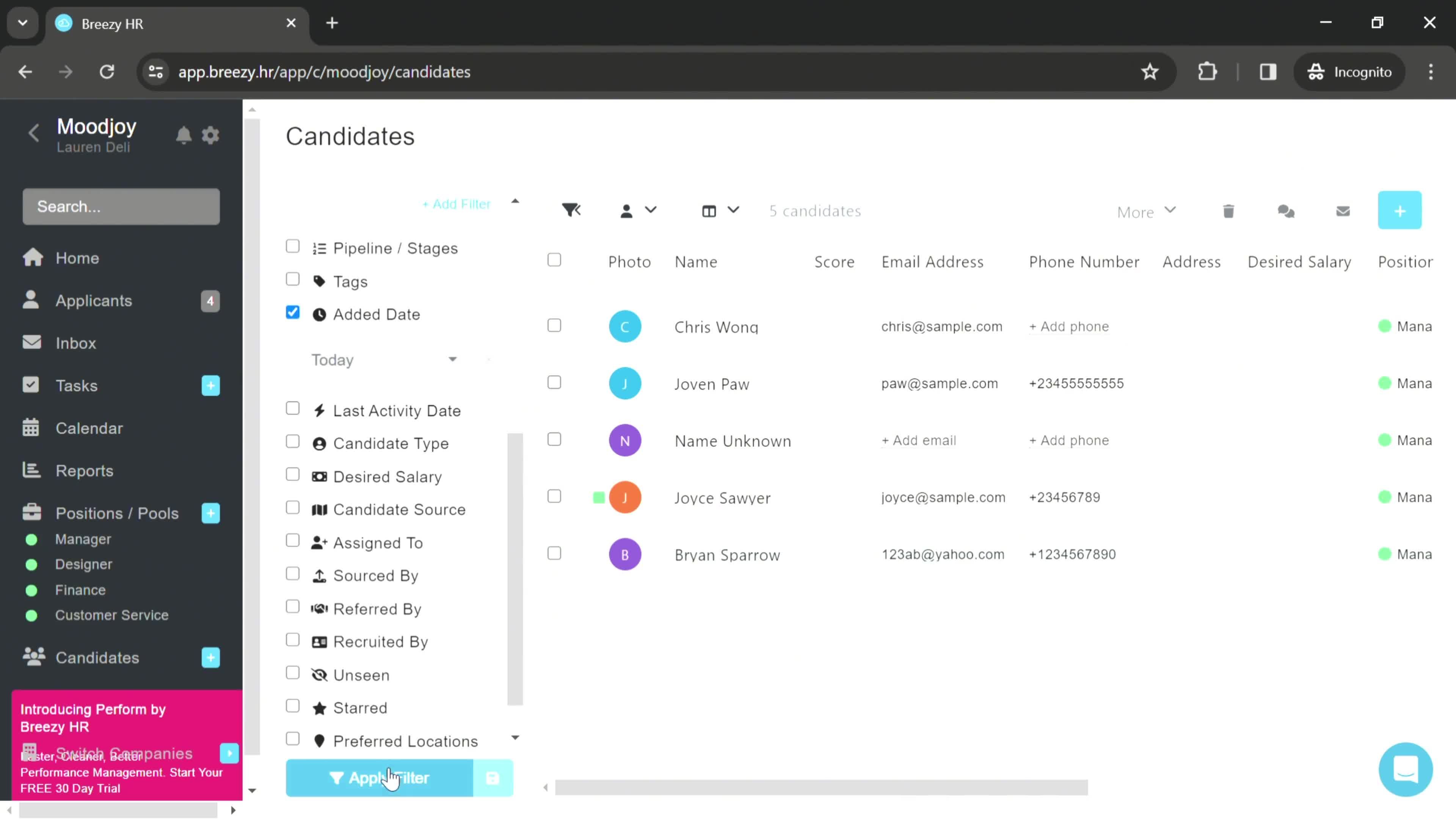 Filtering and sorting screenshot