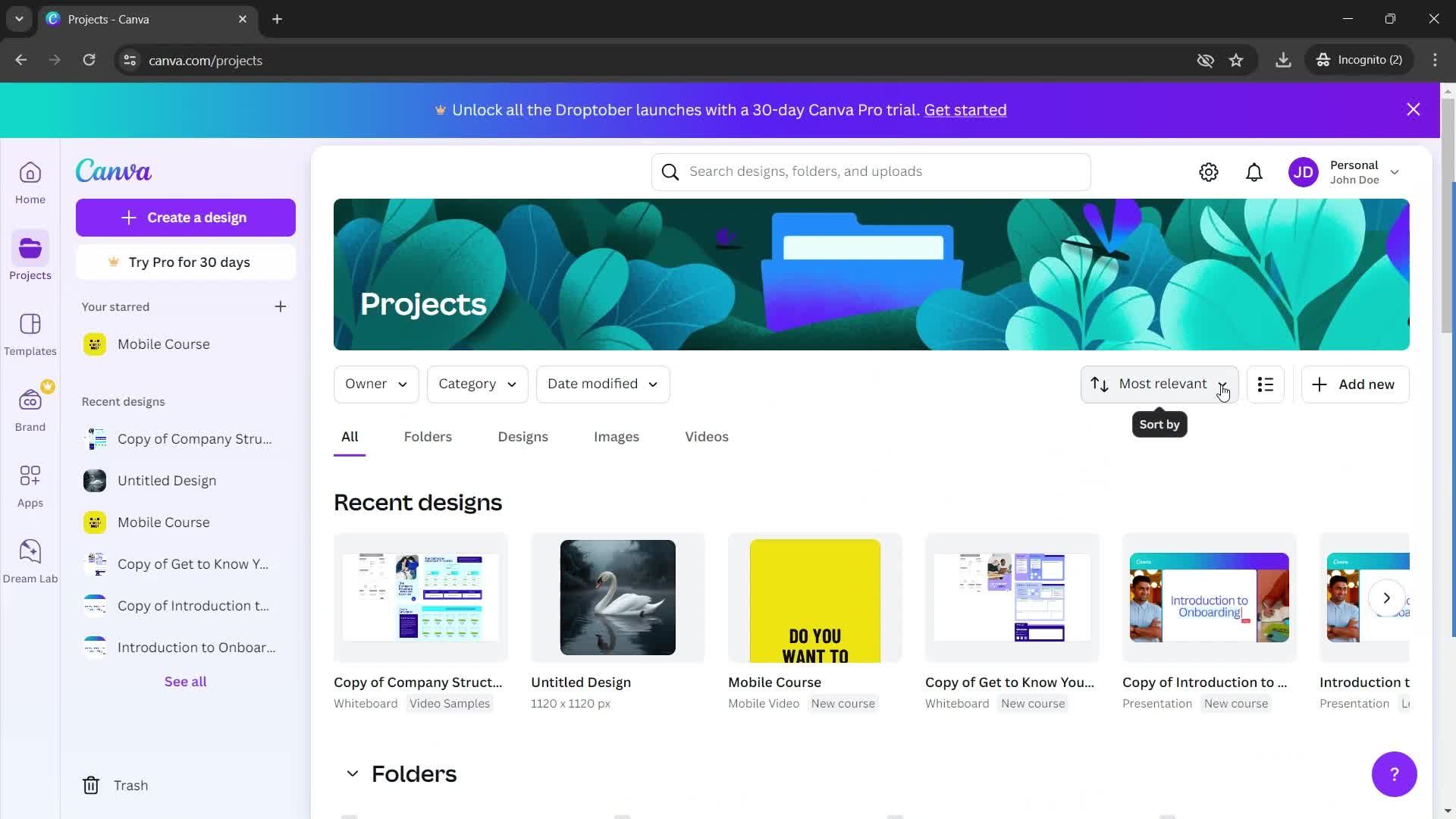Filtering and sorting screenshot