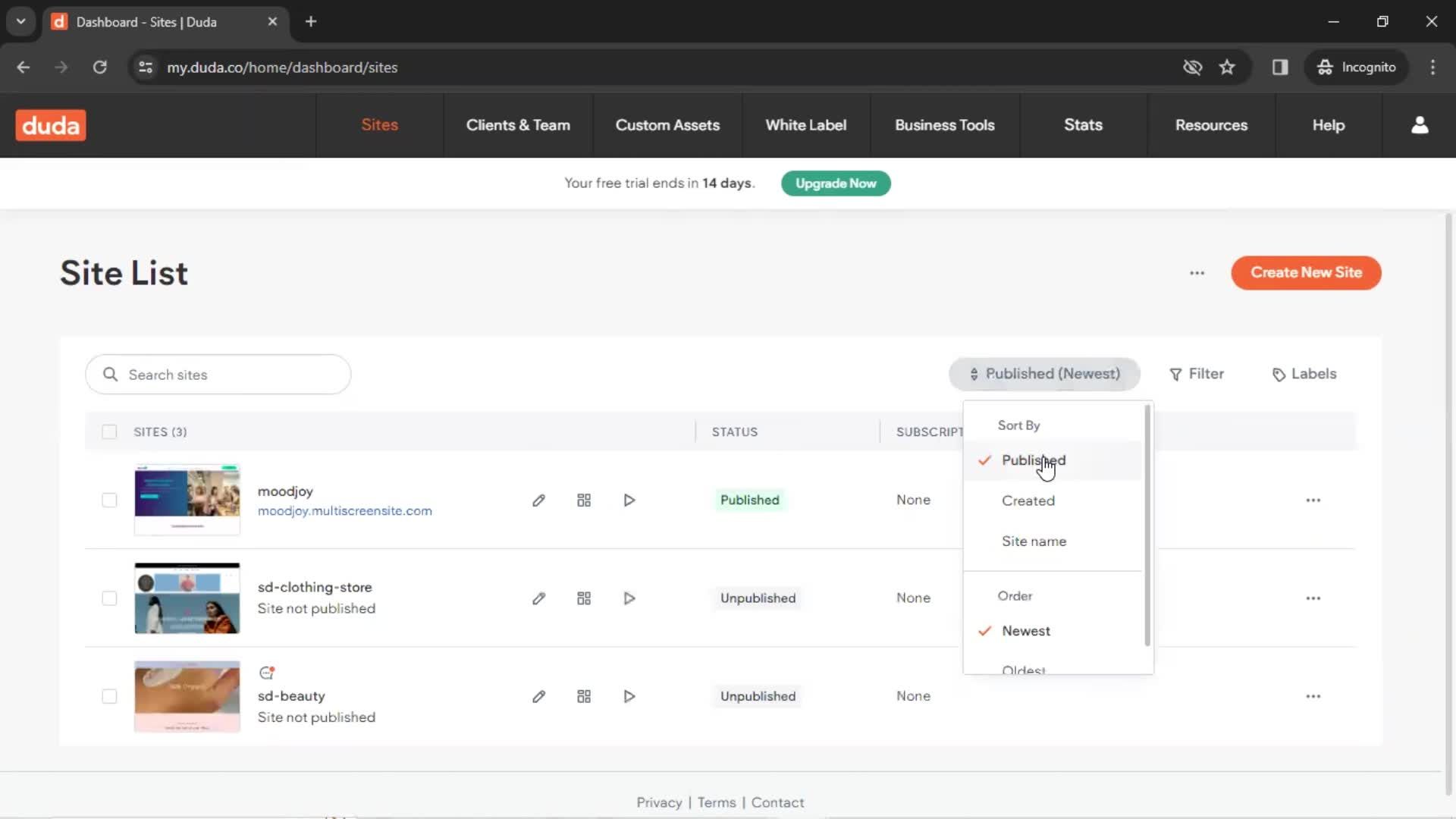 Filtering and sorting screenshot