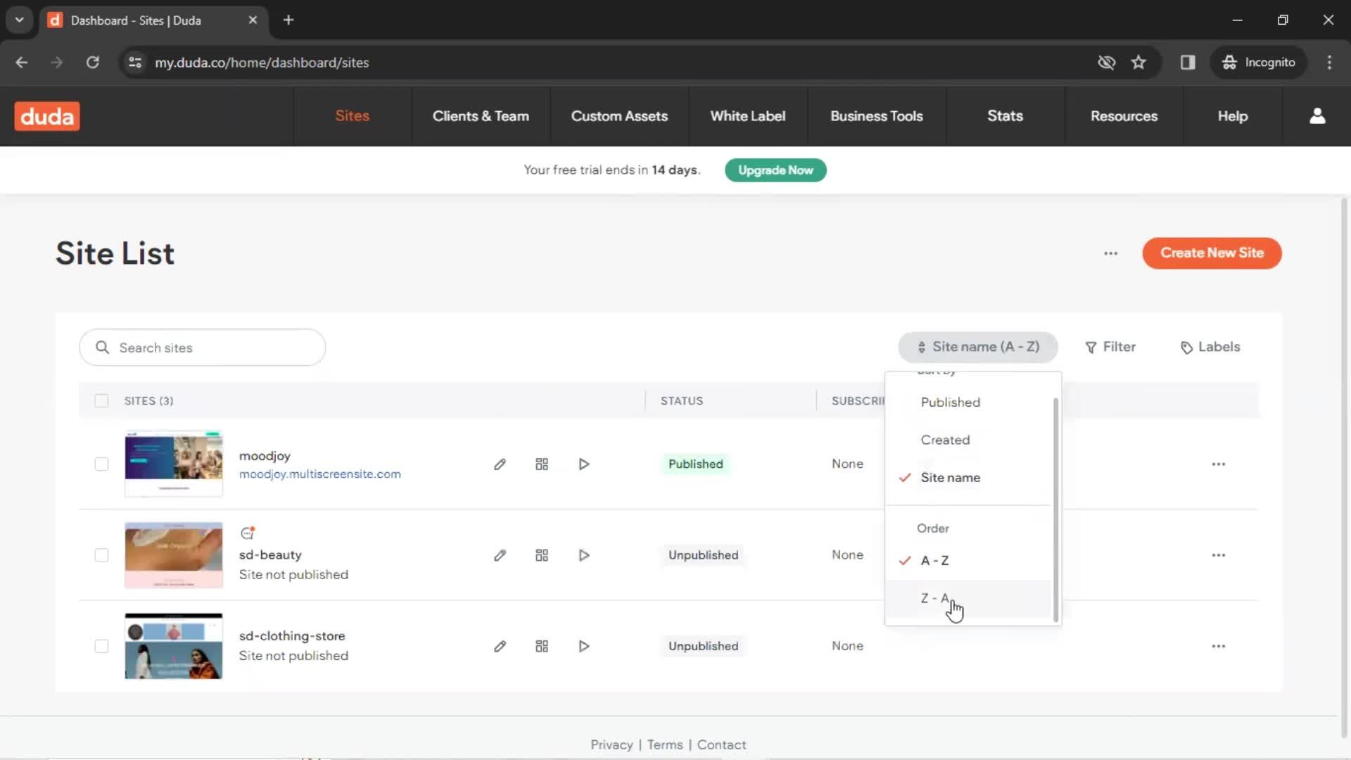 Filtering and sorting screenshot