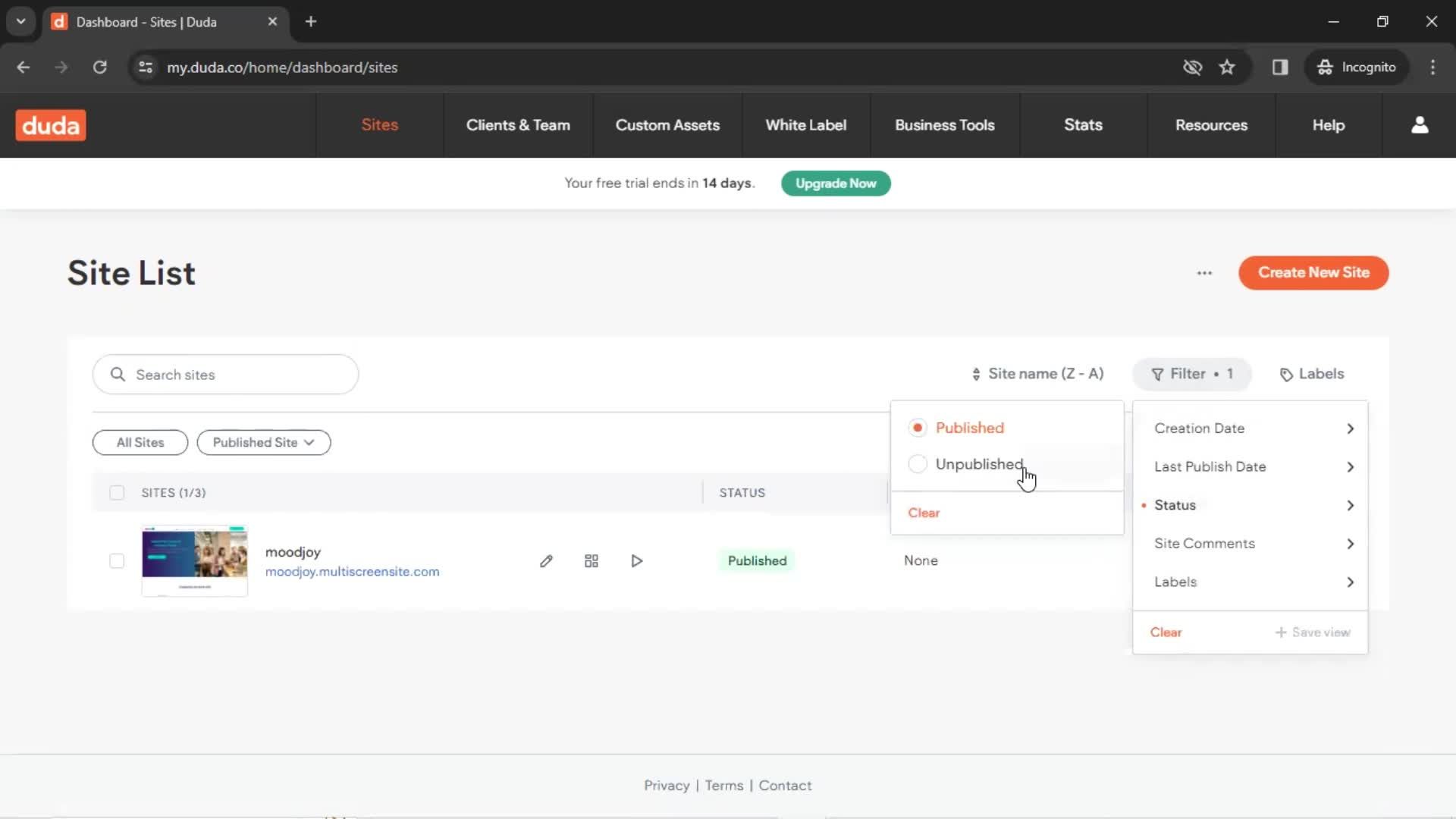 Filtering and sorting screenshot