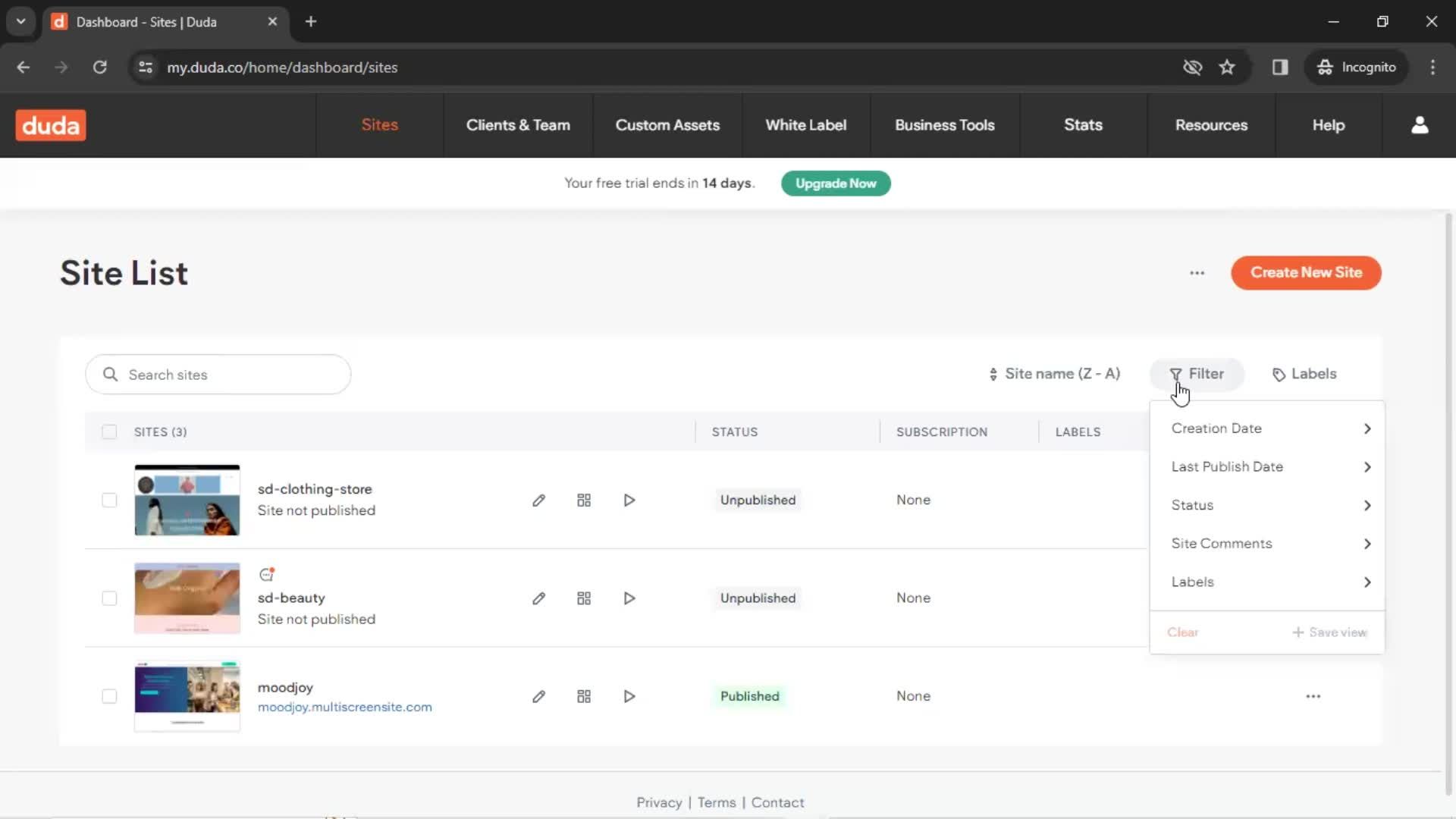 Filtering and sorting screenshot