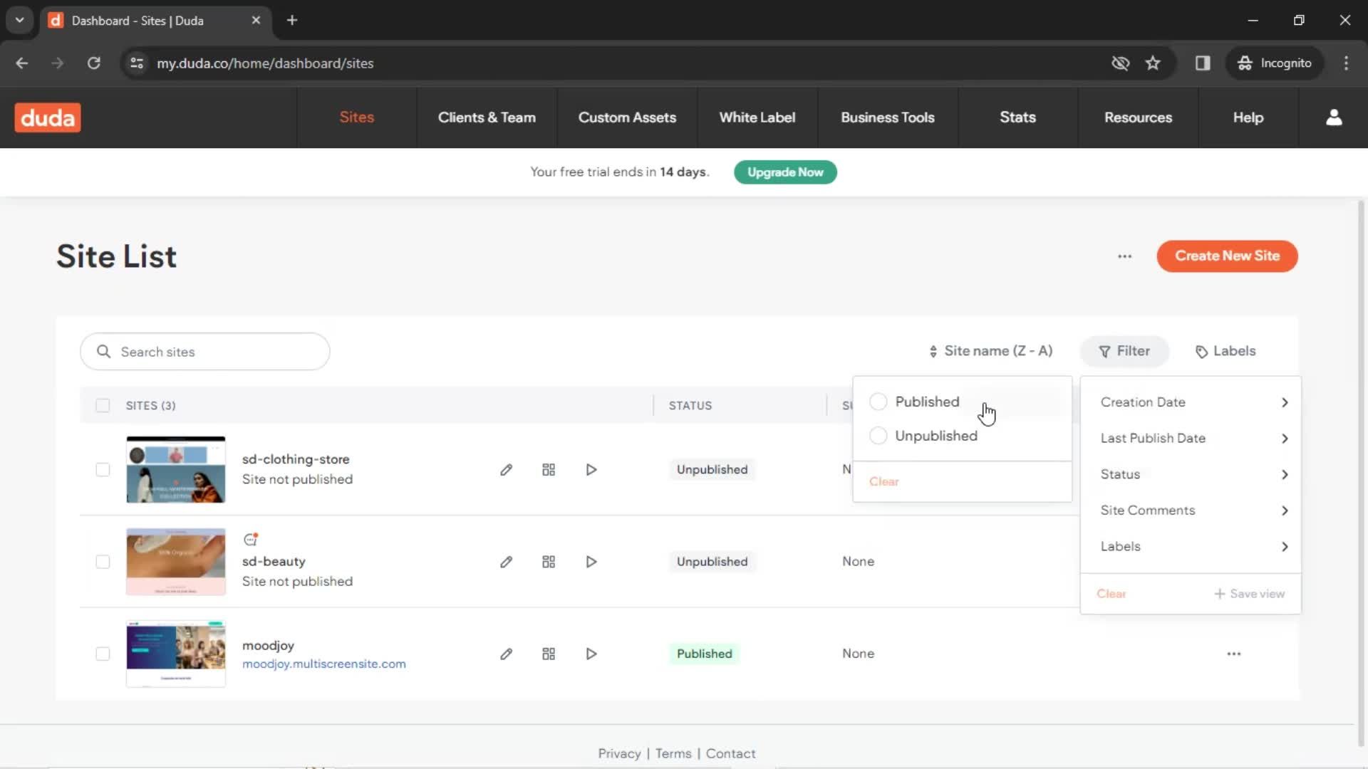 Filtering and sorting screenshot