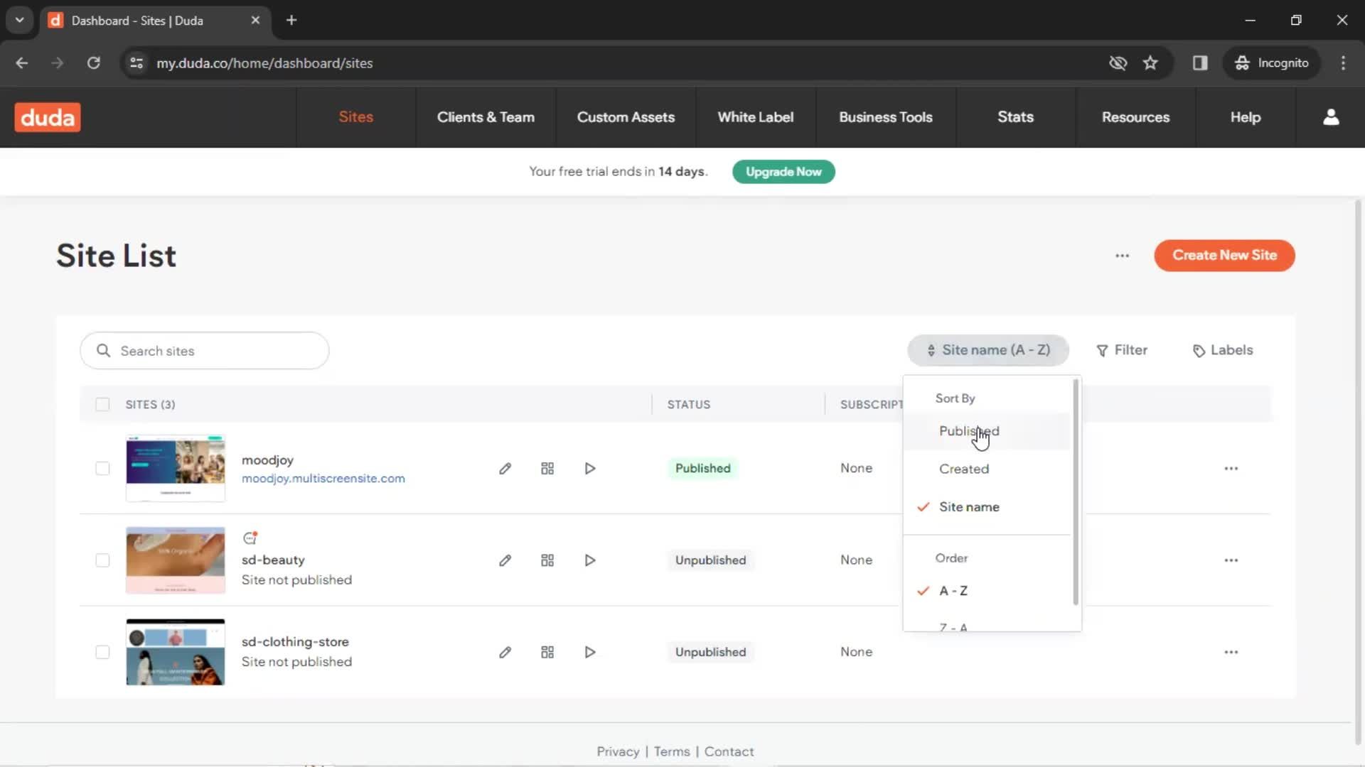 Filtering and sorting screenshot