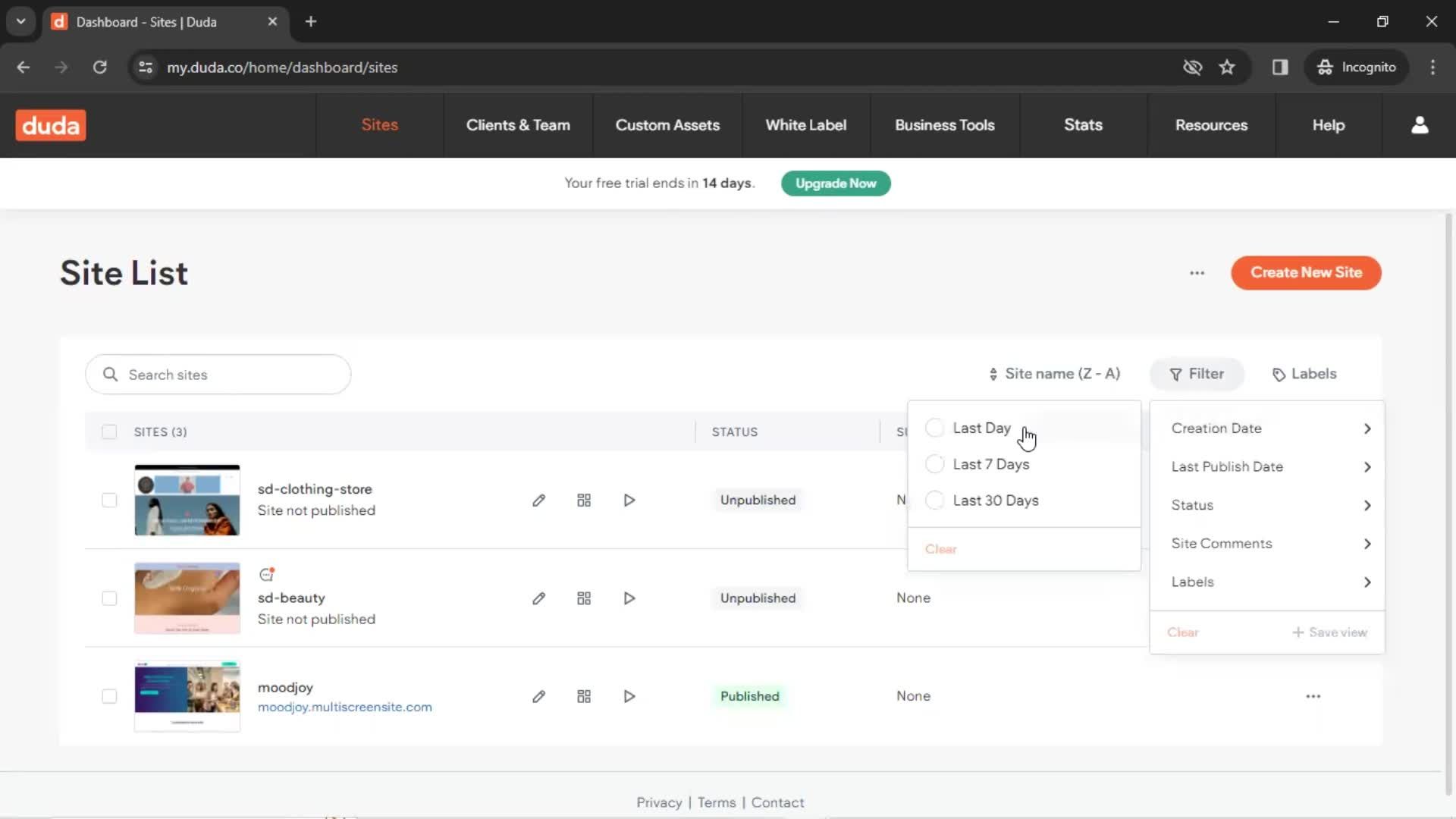 Filtering and sorting screenshot
