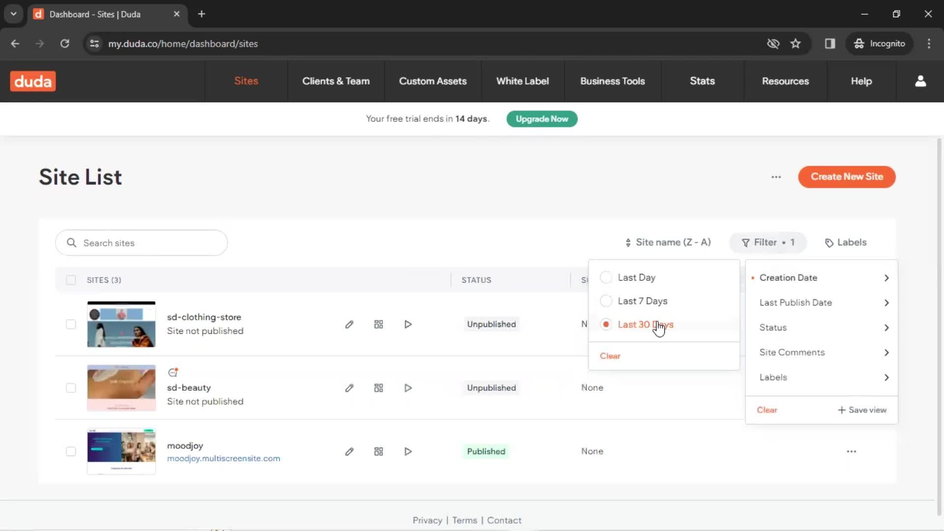 Filtering and sorting screenshot