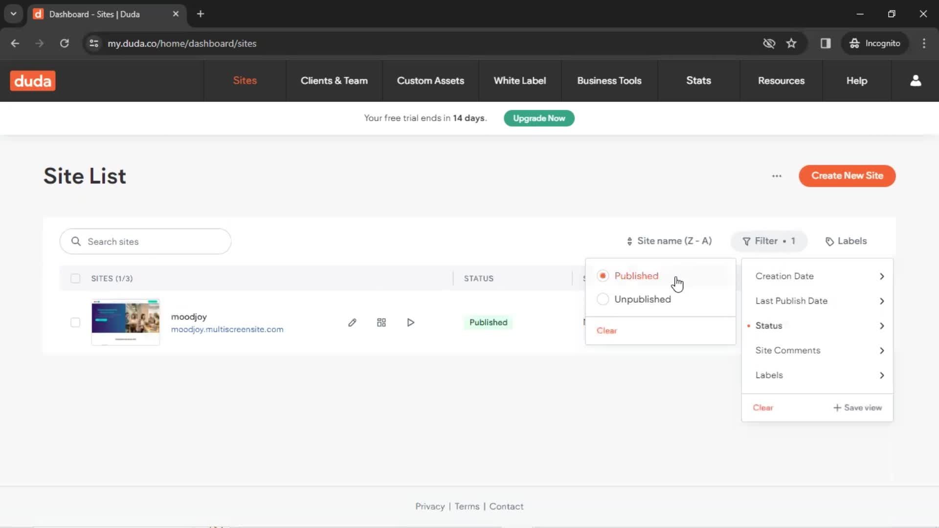 Filtering and sorting screenshot