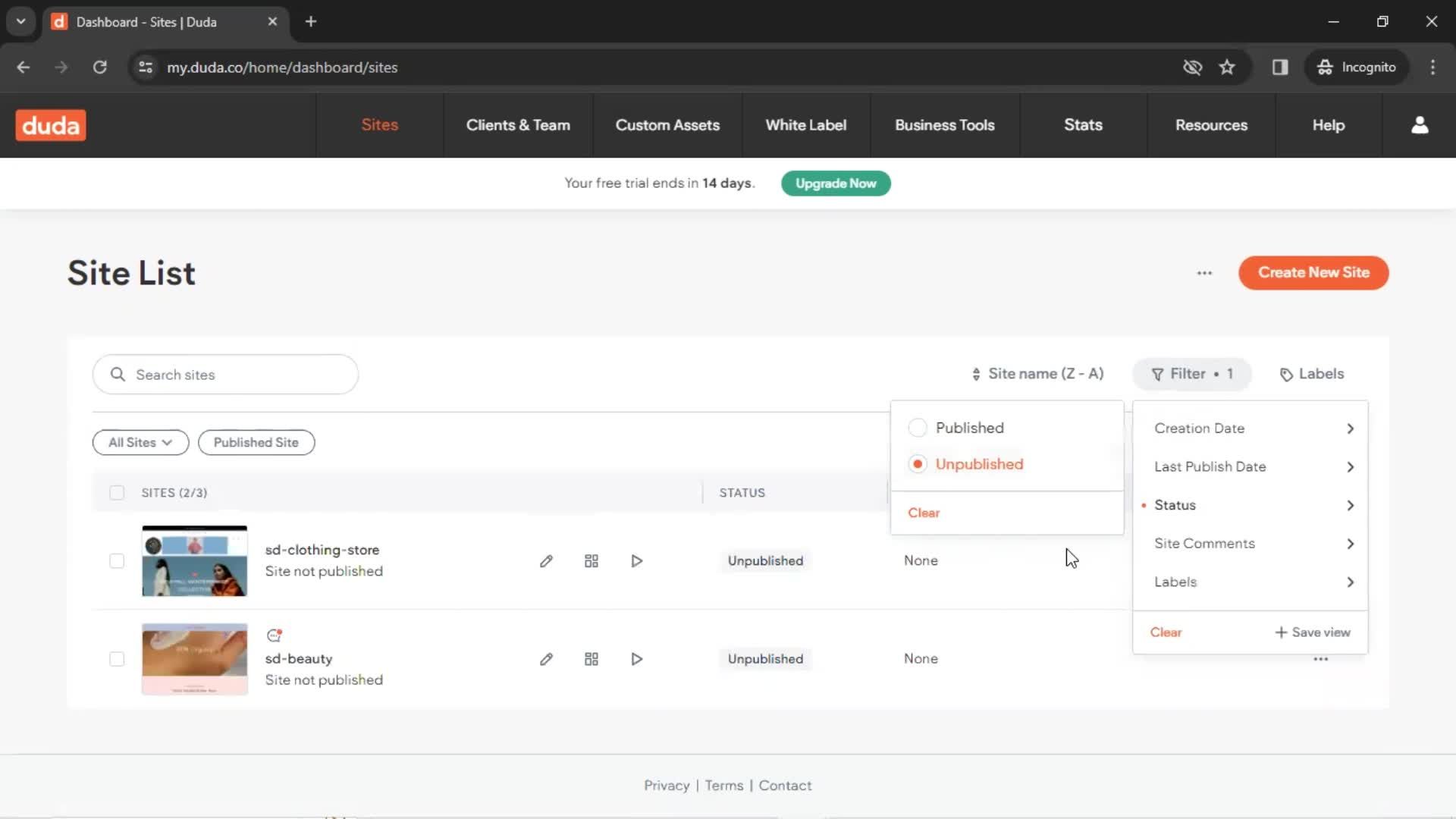 Filtering and sorting screenshot