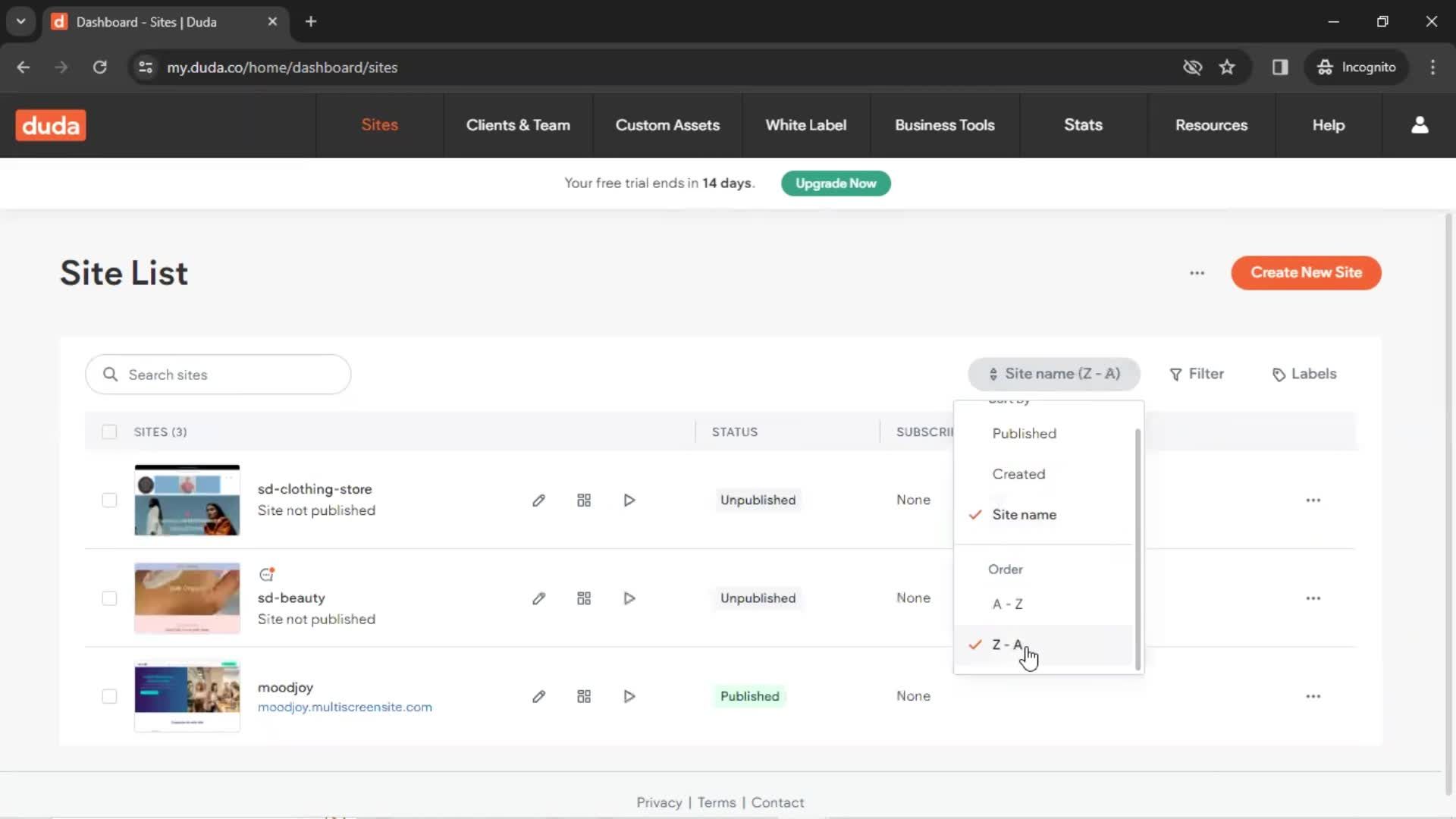 Filtering and sorting screenshot