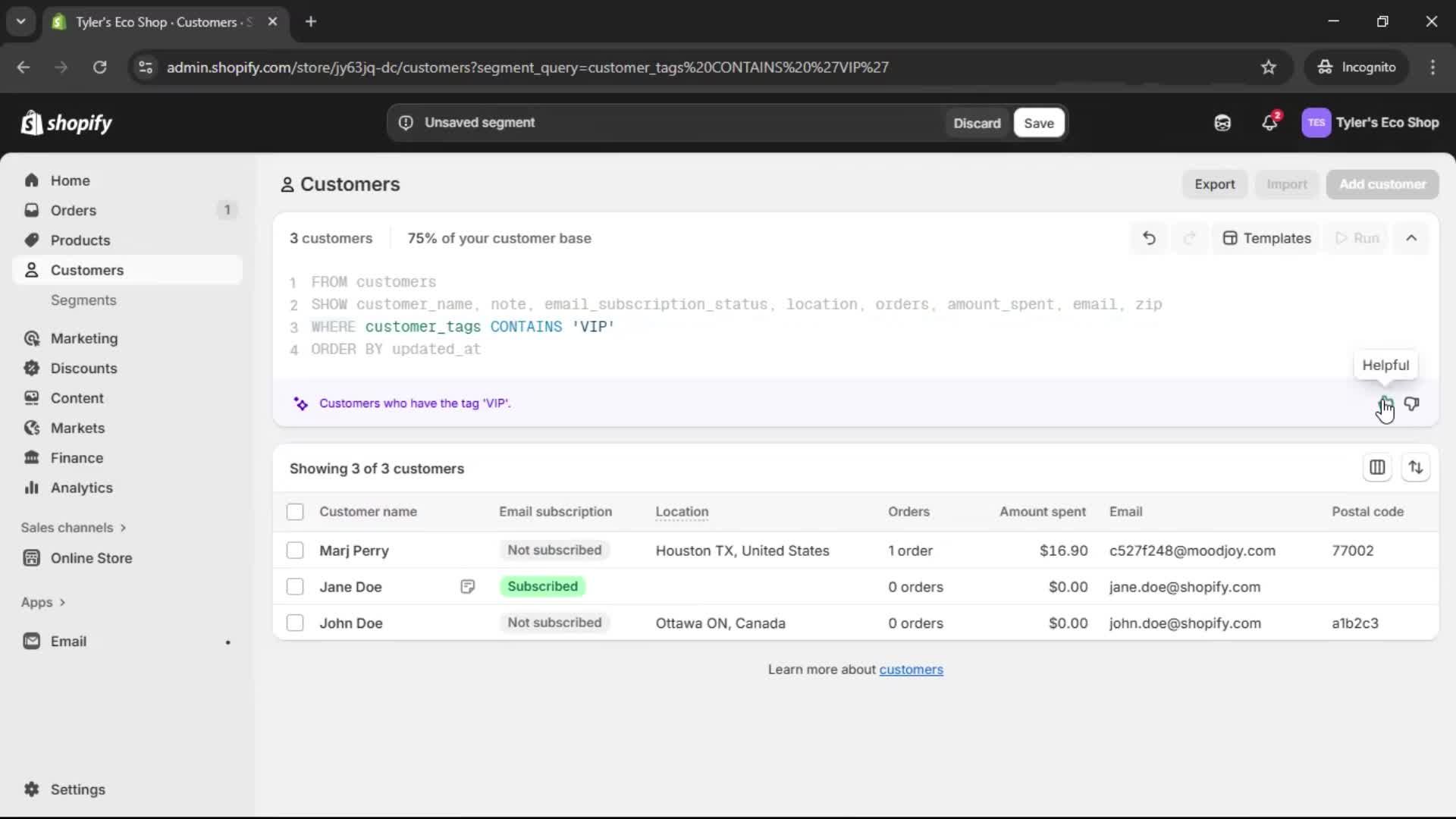 Filtering screenshot