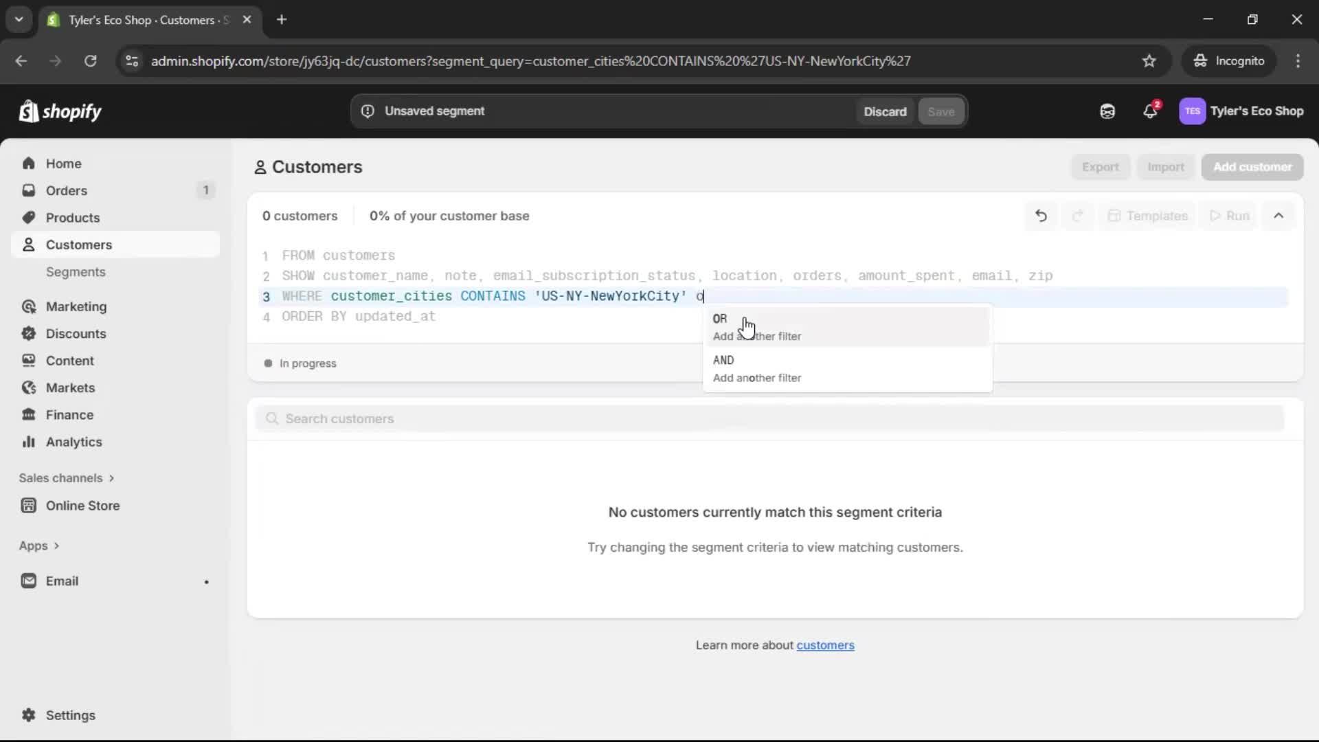 Filtering screenshot
