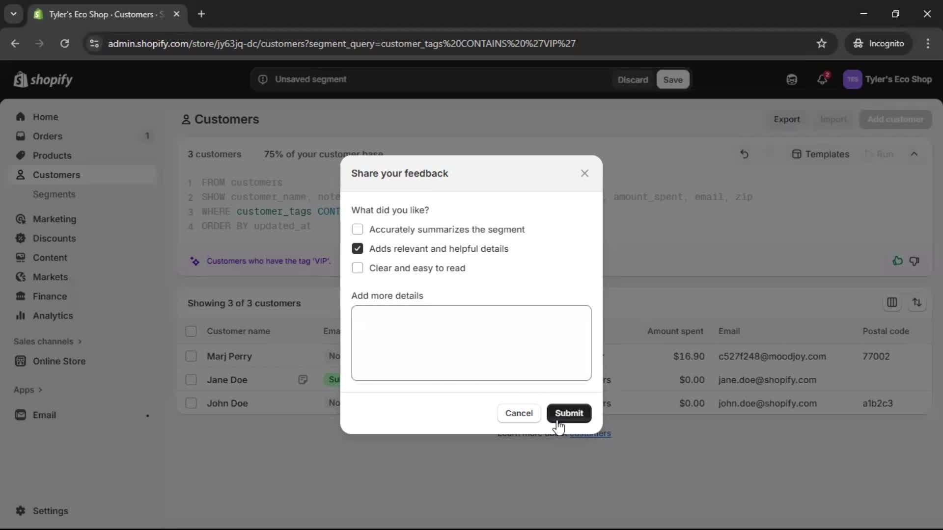 Filtering screenshot