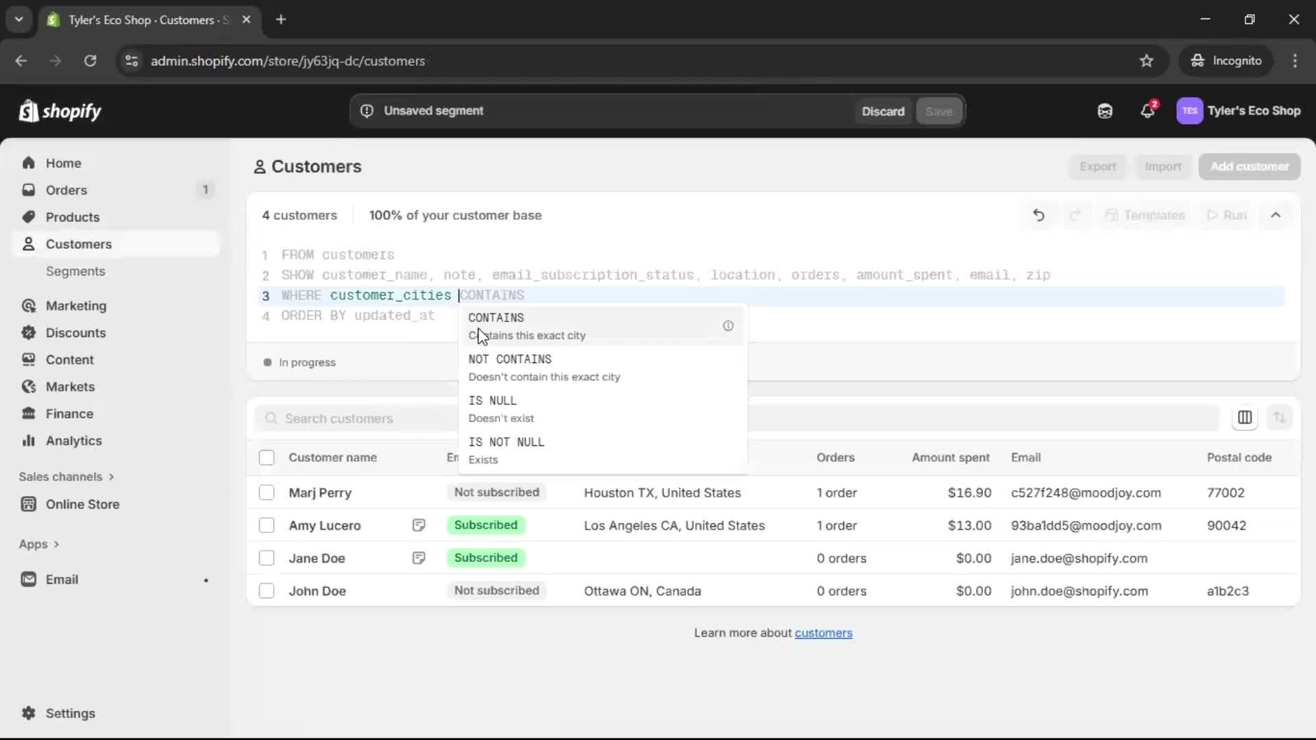 Filtering screenshot