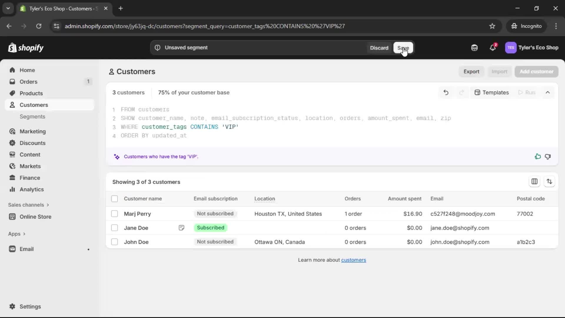Filtering screenshot