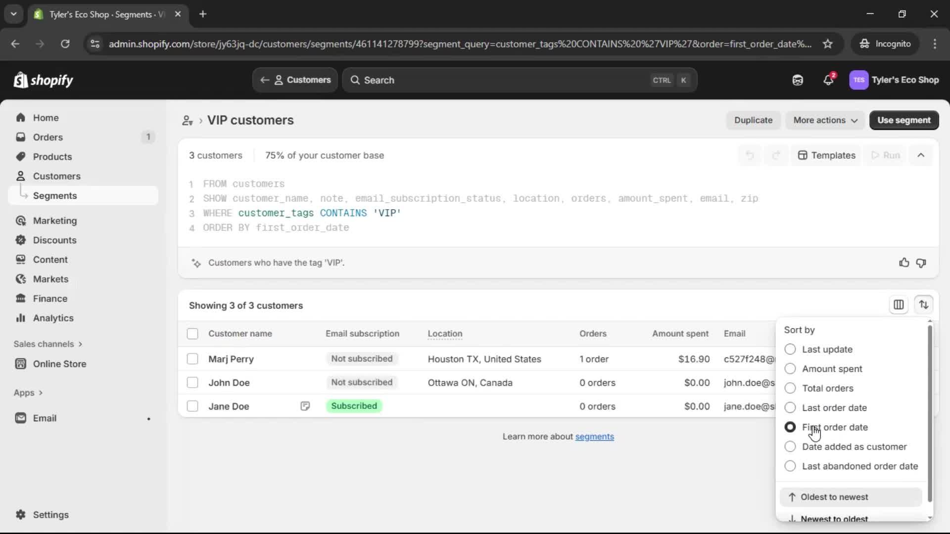 Filtering screenshot