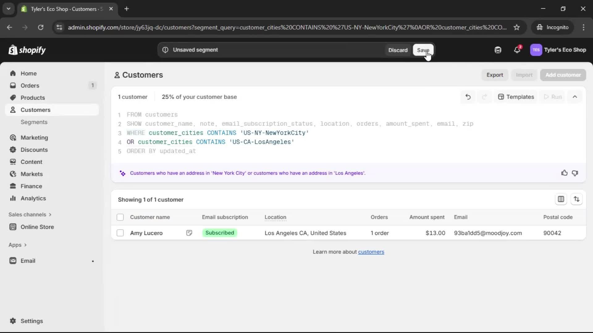 Filtering screenshot