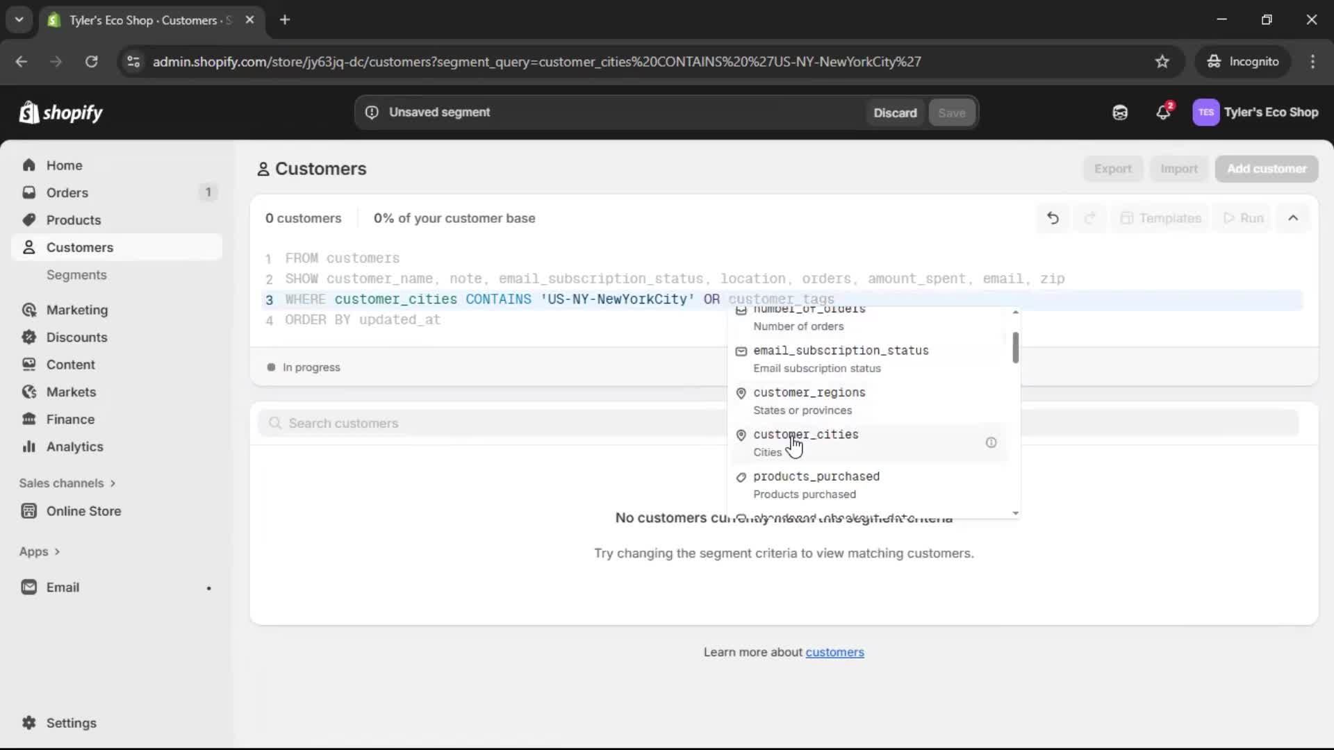 Filtering screenshot