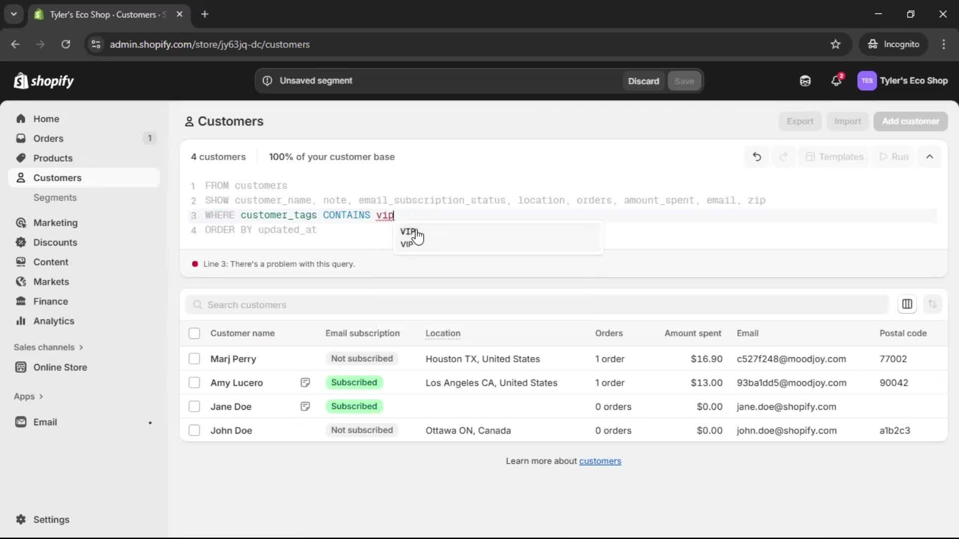 Filtering screenshot