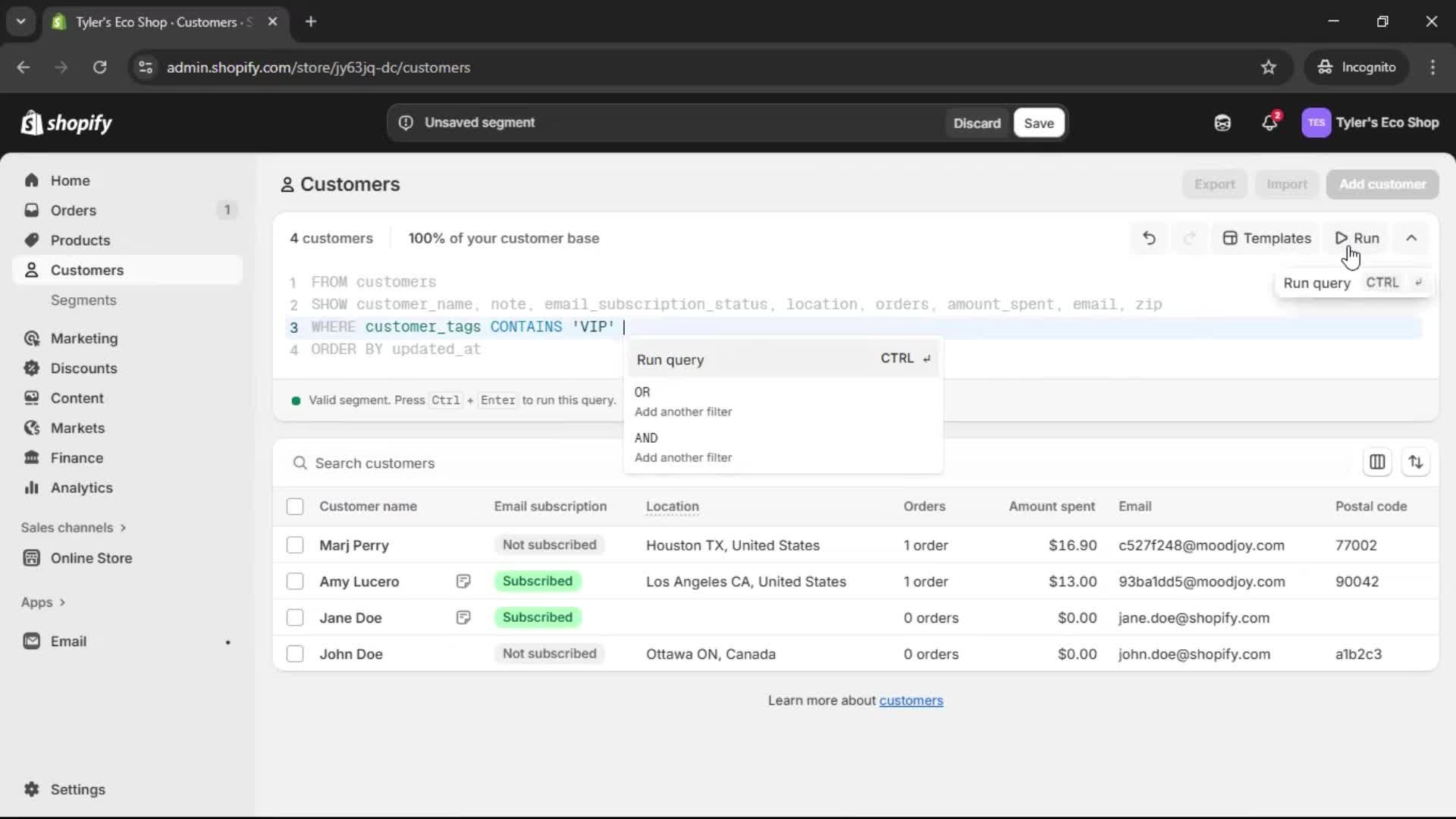 Filtering screenshot
