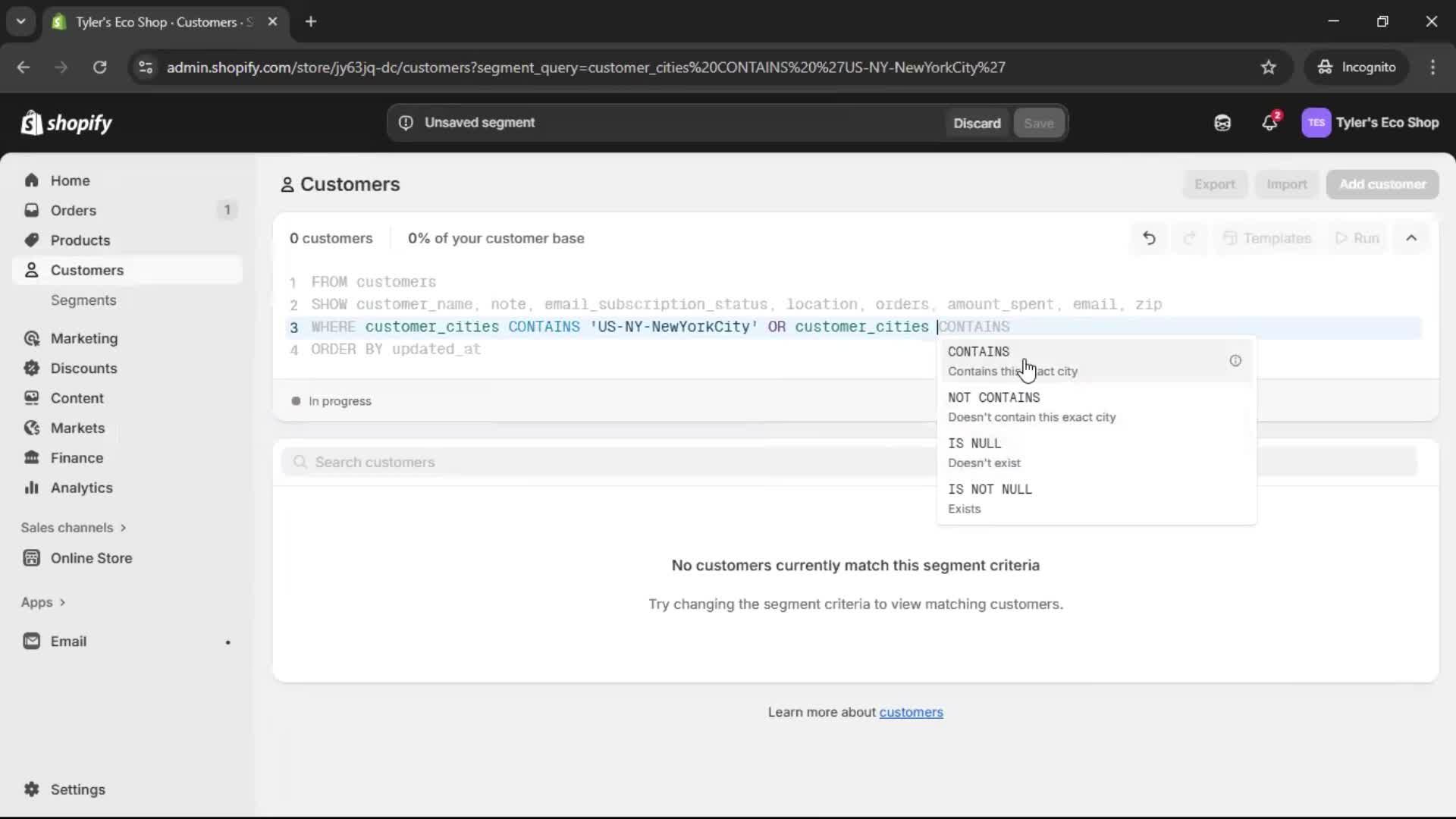 Filtering screenshot