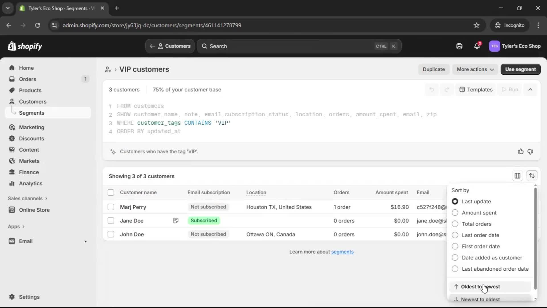 Filtering screenshot