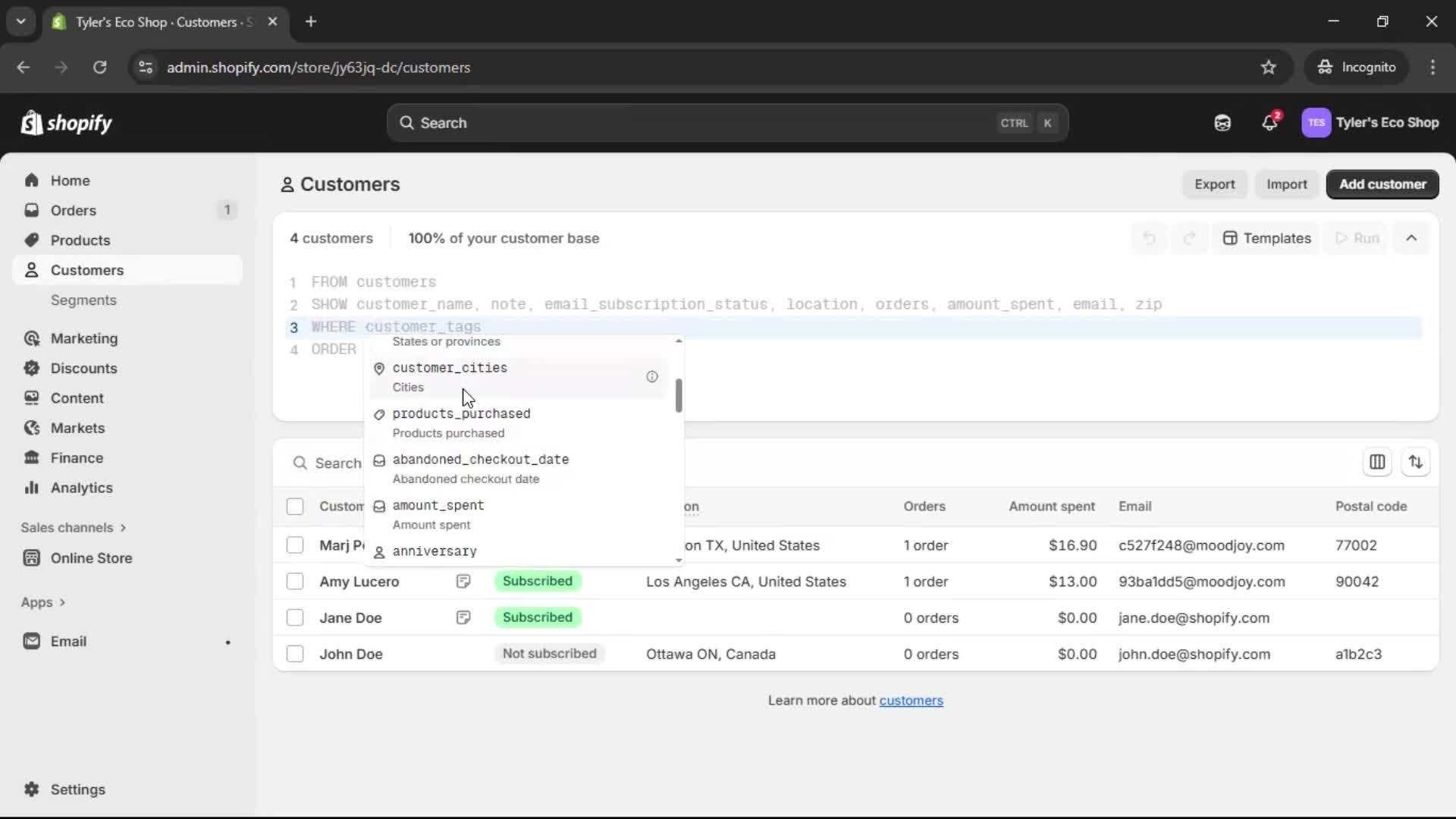 Filtering screenshot