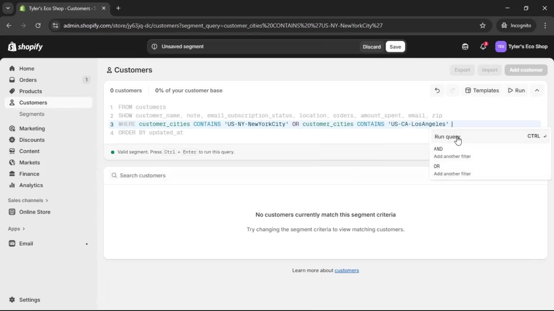 Filtering screenshot