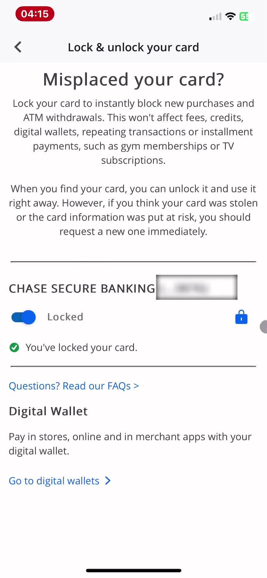 Locking a card screenshot