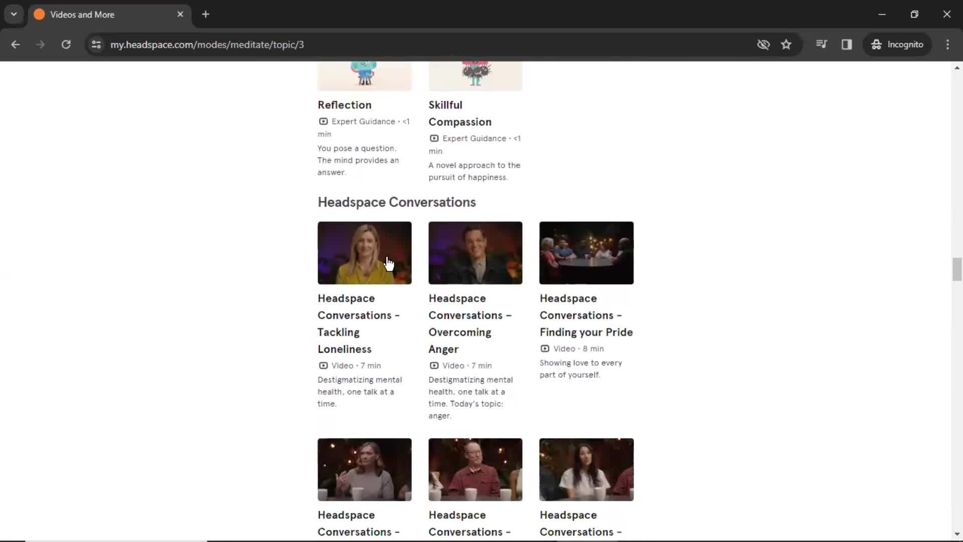 General browsing on Headspace video thumbnail